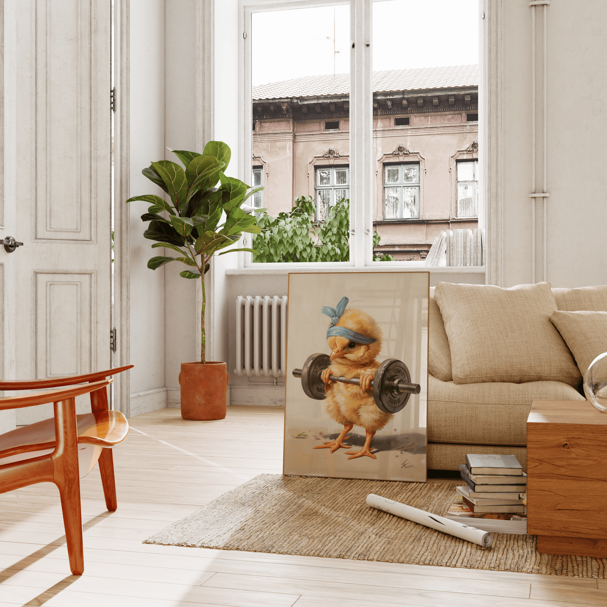 Poster of a baby chicken lifting a barbell, wearing a blue headband, leaning on a couch in the living room - Paw Prints