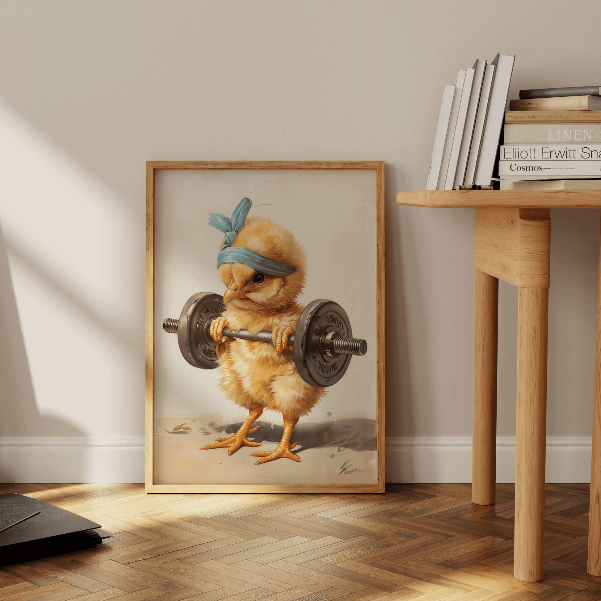 Poster of a baby chicken lifting a barbell, wearing a blue headband, leaning against the office wall - Paw Prints