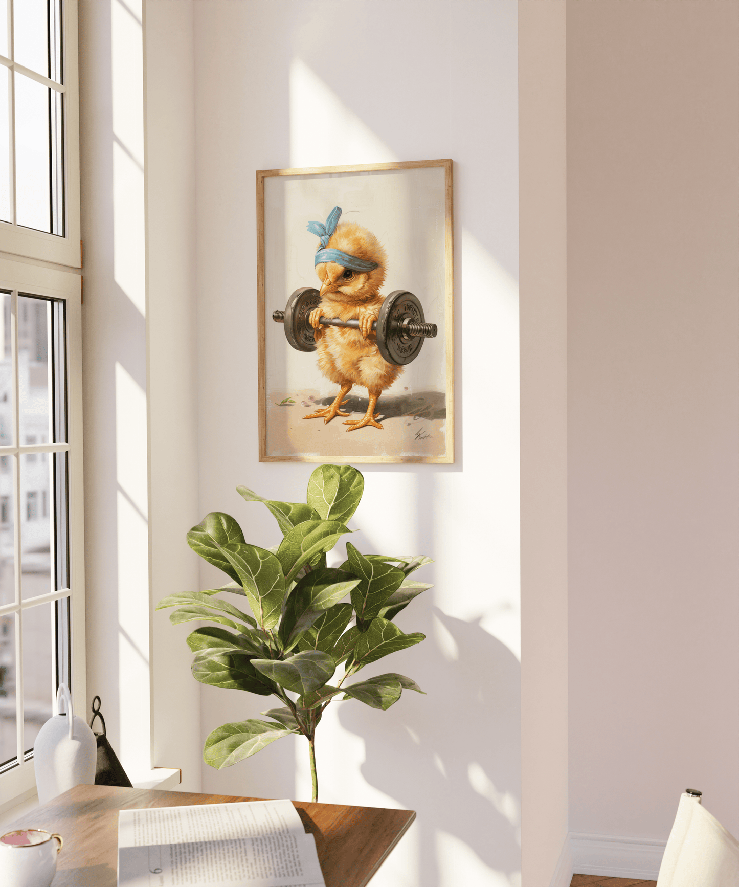 Poster of a baby chicken lifting a barbell, wearing a blue headband, on a blank wall - Paw Prints