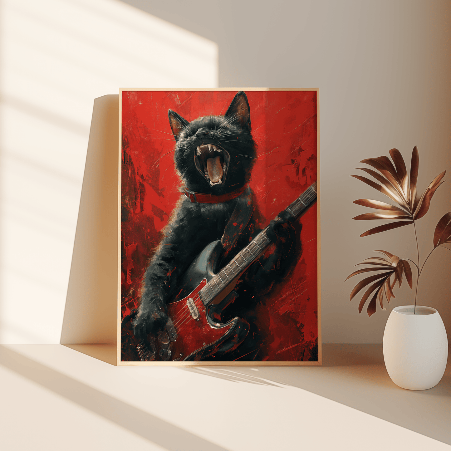 Painting of a black cat playing an electric guitar with a red background, leaning against the bedroom floor - Paw Prints