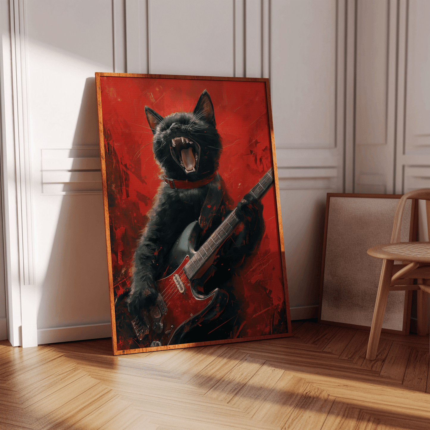 Painting of a screaming black cat playing a red electric guitar with a red background, in a hallway - Paw Prints