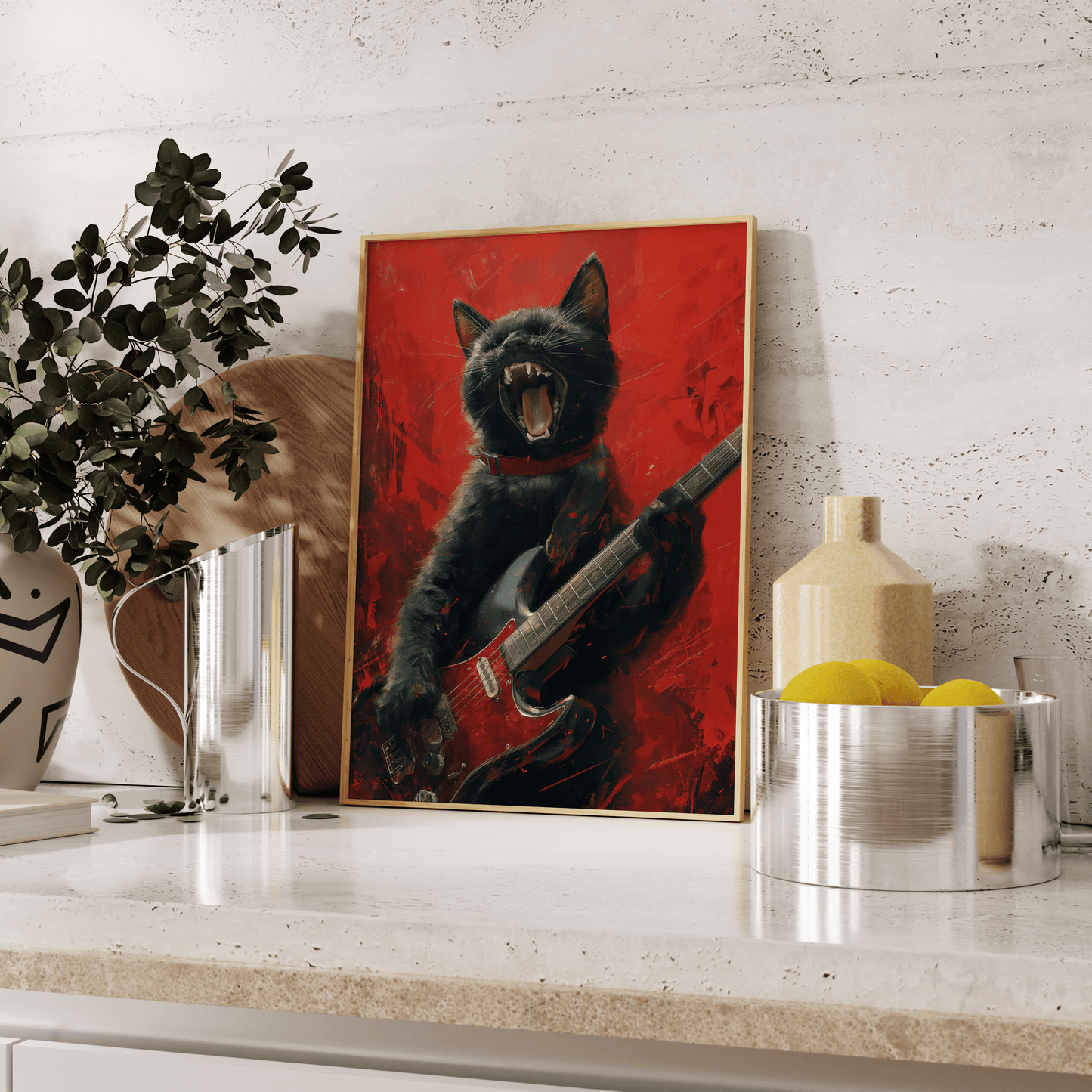 Painting of a black cat playing an electric guitar with a red background, leaning against the kitchen counter - Paw Prints