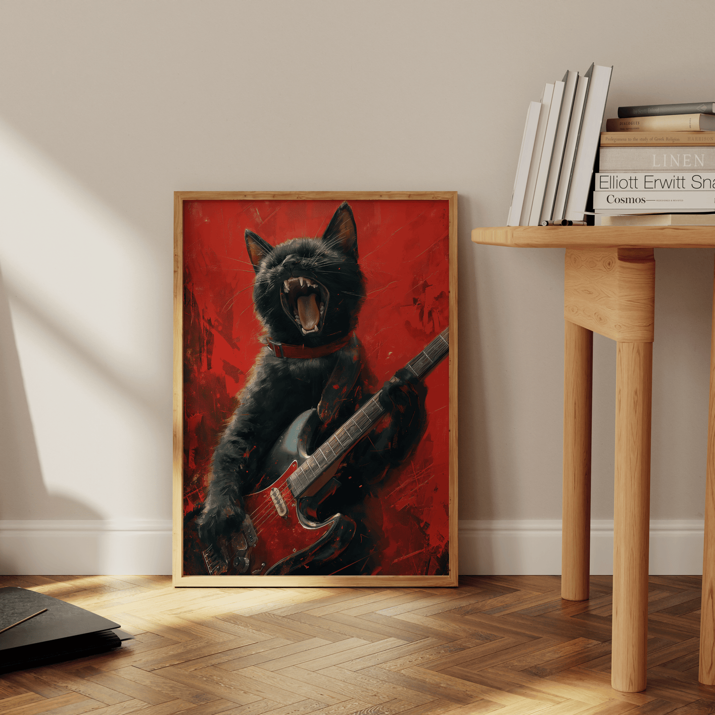 Painting of a black cat playing an electric guitar with a red background, leaning against the office wall - Paw Prints