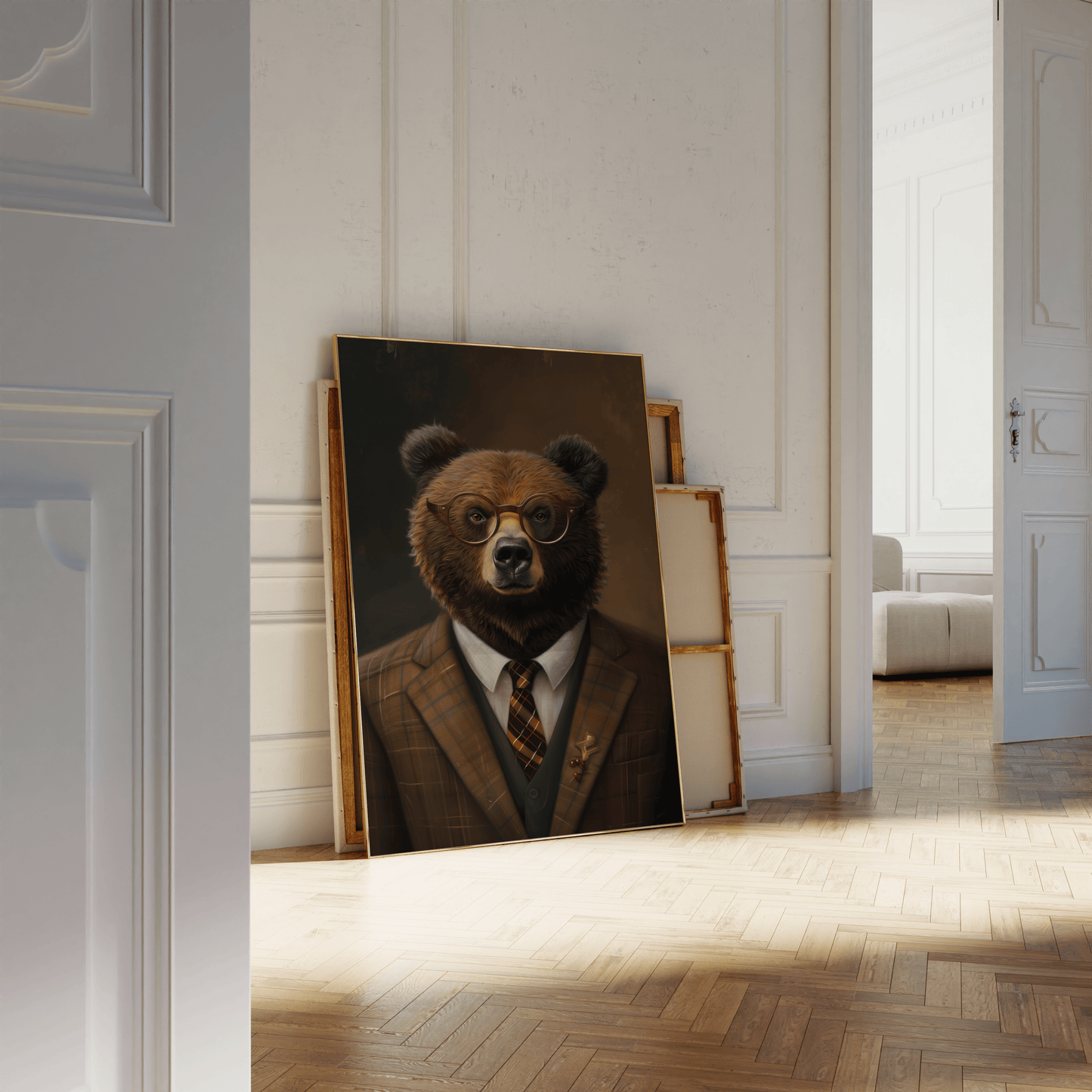 A portrait of a grizzly bear wearing glasses and dressed in a suit, leaning against a white bathroom wall - Paw Prints
