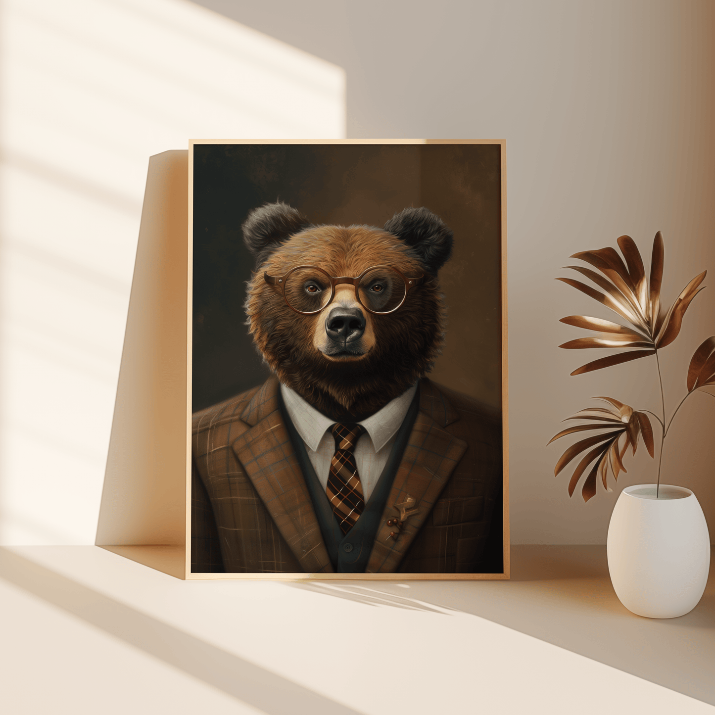 A portrait of a grizzly bear wearing glasses and dressed in a suit, leaning against the bedroom floor - Paw Prints