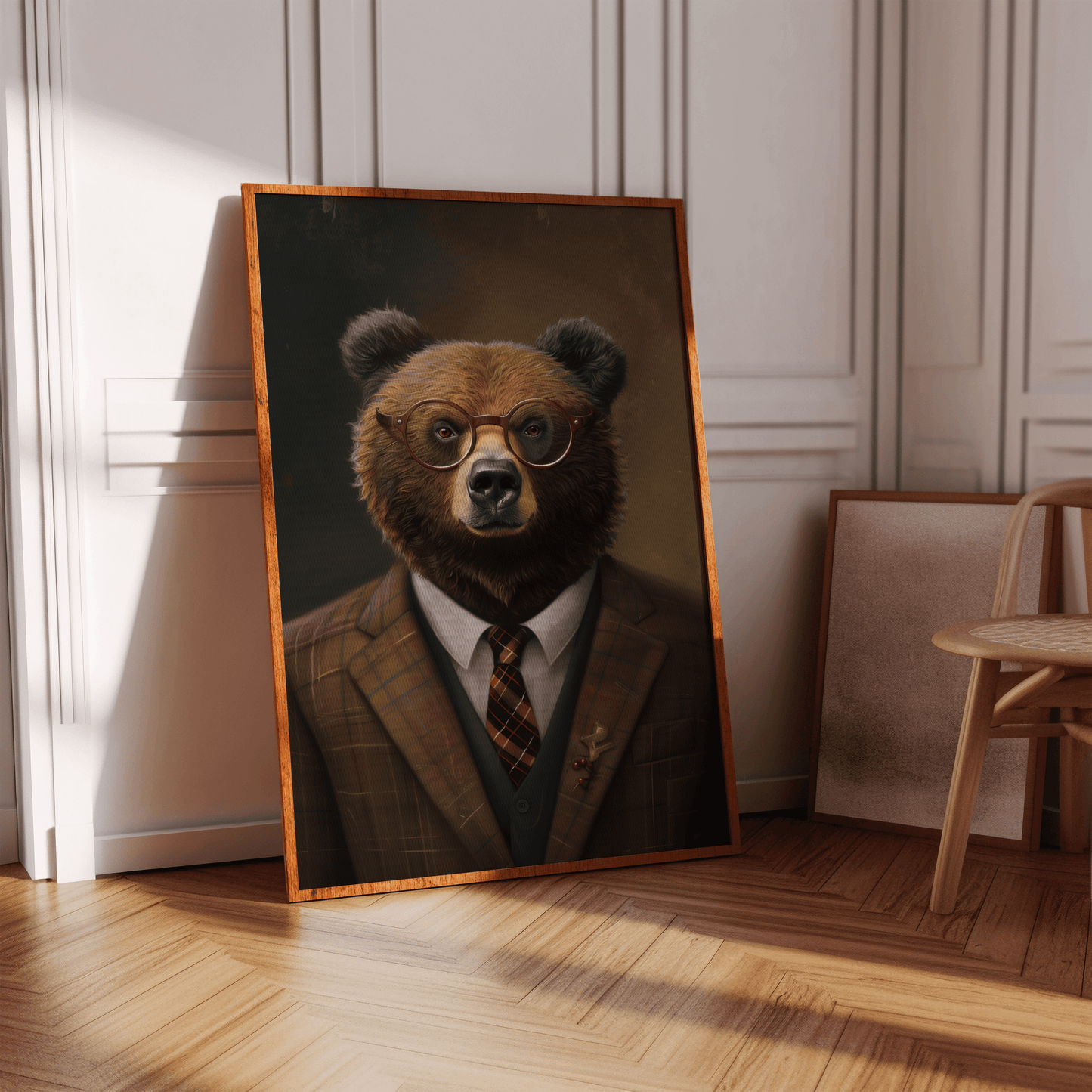 A portrait painting of an anthropomorphic grizzly bear wearing glasses and dressed in a suit, in a hallway - Paw Prints