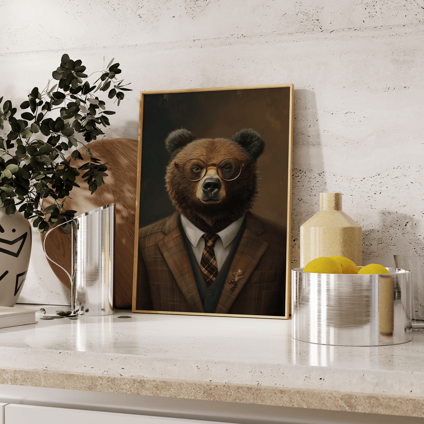 A portrait of a grizzly bear wearing glasses and dressed in a suit, leaning against the kitchen counter - Paw Prints