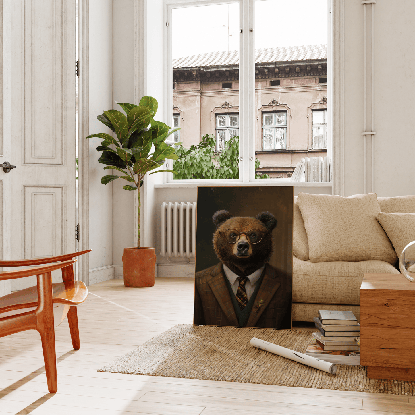 A portrait of a grizzly bear wearing glasses and dressed in a suit, leaning on a couch in the living room - Paw Prints
