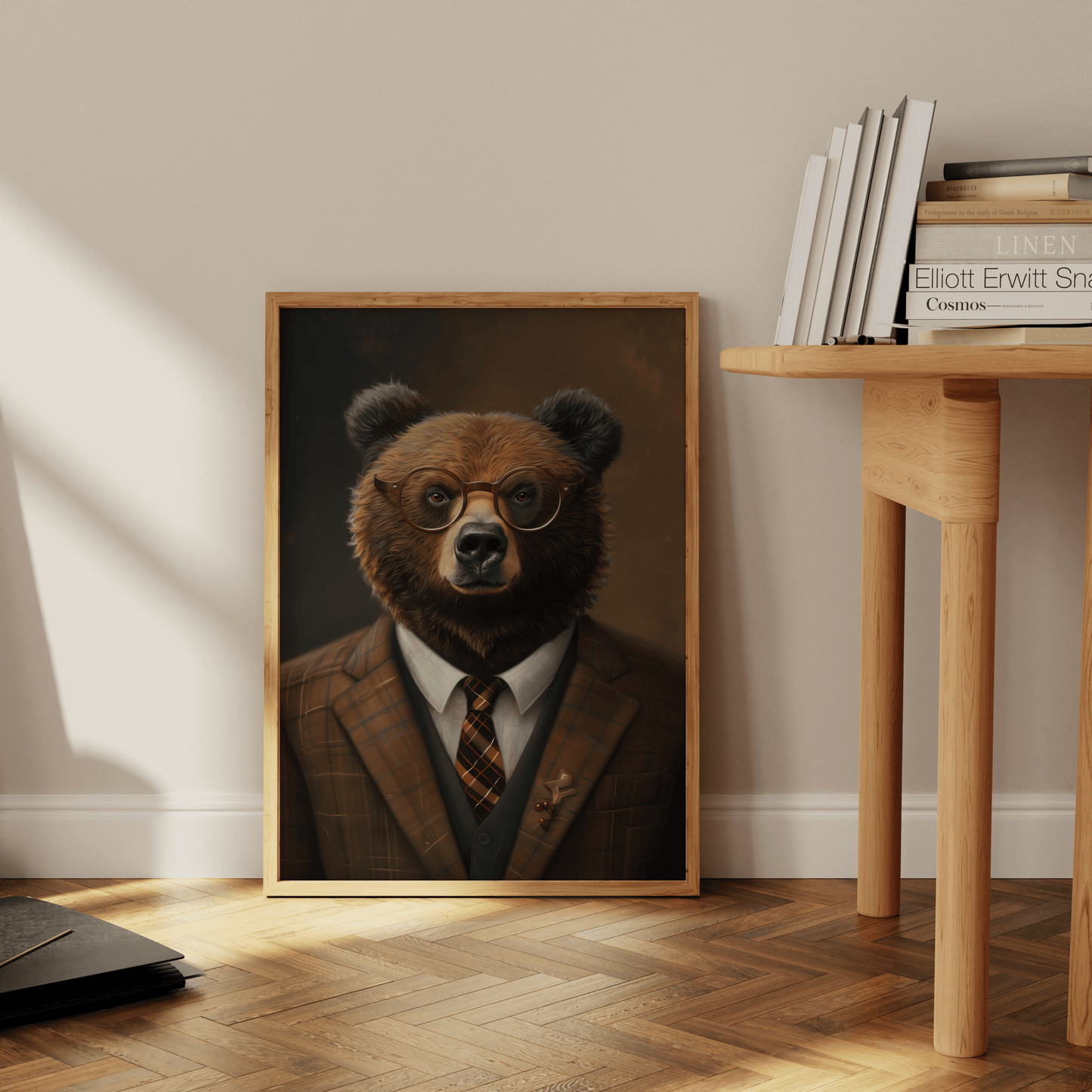 A portrait of a grizzly bear wearing glasses and dressed in a suit, leaning against the office wall - Paw Prints