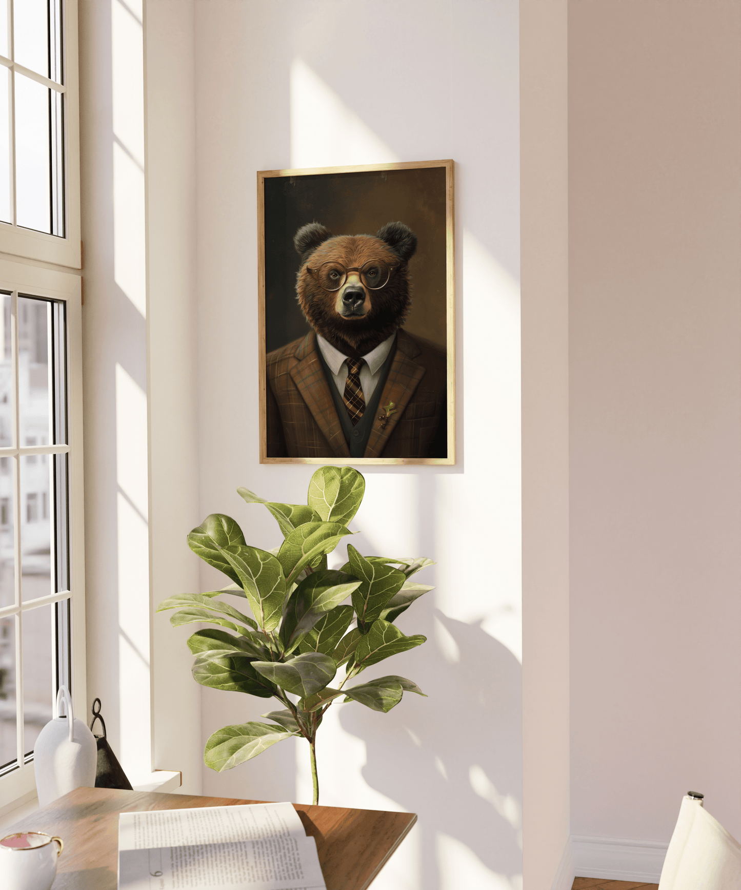 A portrait of a grizzly bear wearing glasses and dressed in a suit, on a blank wall - Paw Prints