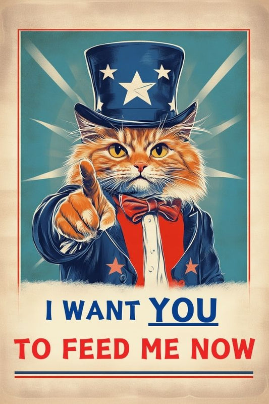 A vintage retro propaganda poster of an orange cat pointing a finger at you, stating "I Want You To Feed Me Now"