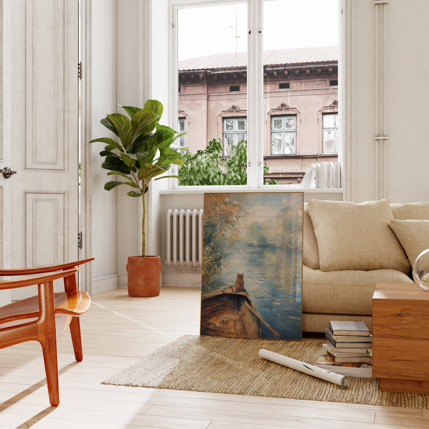 Impressionist painting of a cat sitting on a rowboat in a calm lake, leaning on a couch in the living room - Paw Prints