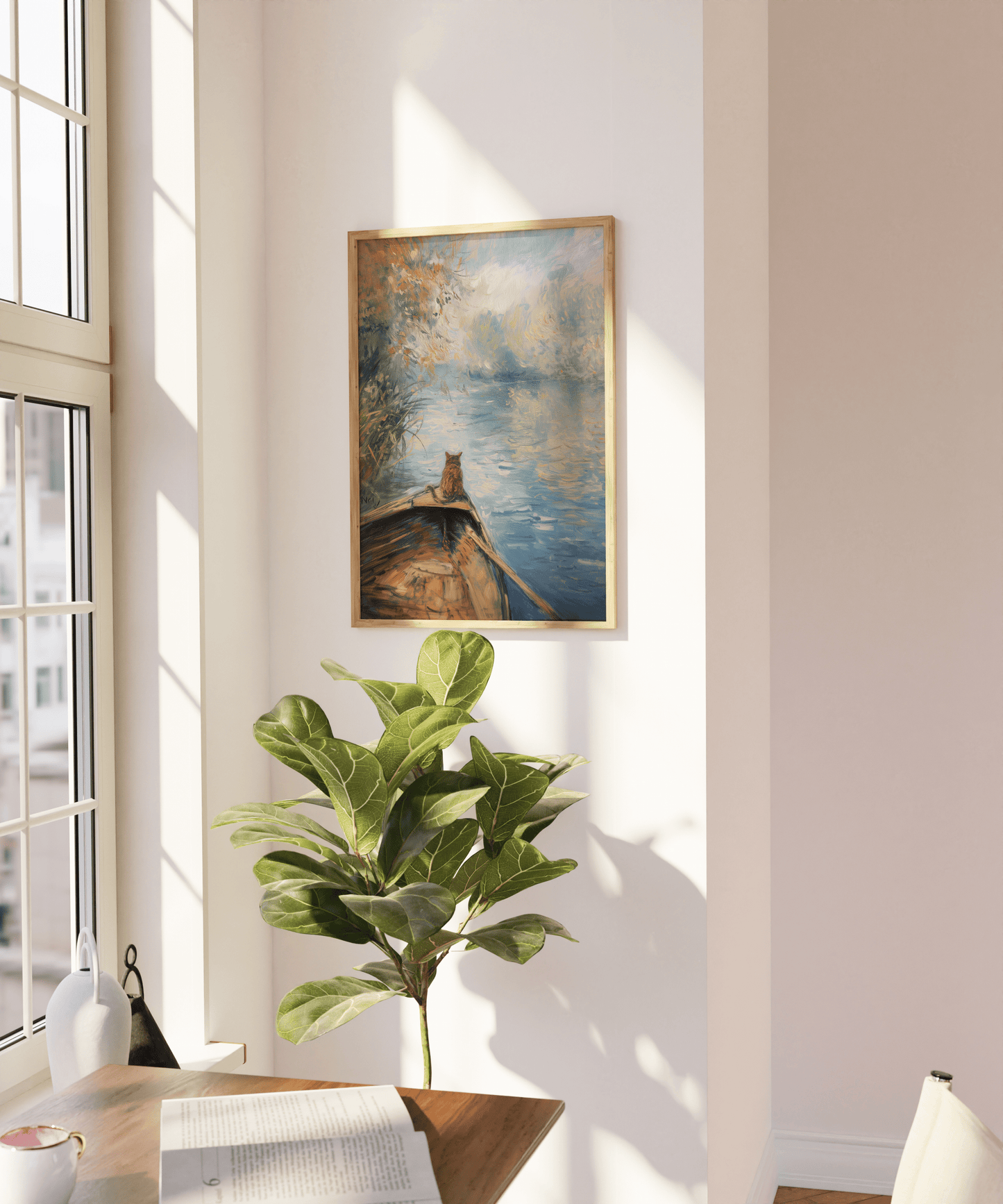 Impressionist painting of a cat sitting on a rowboat in a calm lake, on a blank wall - Paw Prints