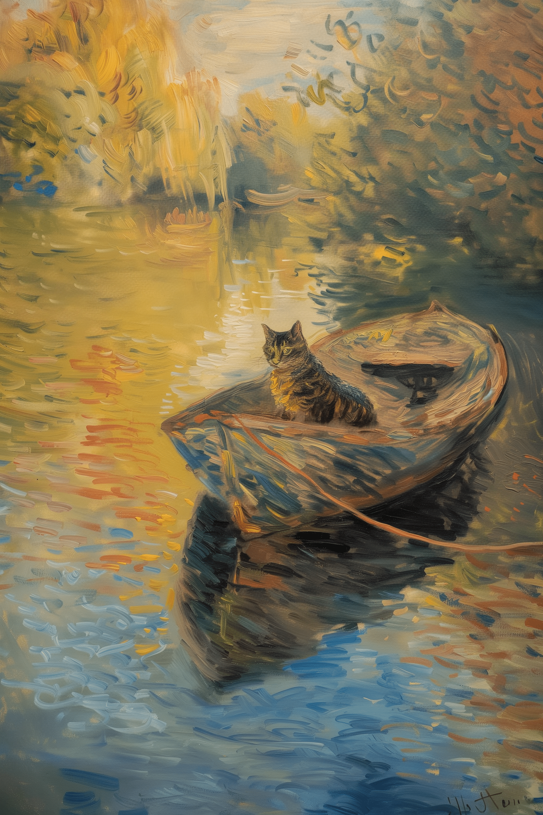 An Impressionist painting of a cat sitting peacefully on a row boat, a serene river with a virgin fall forest environment.