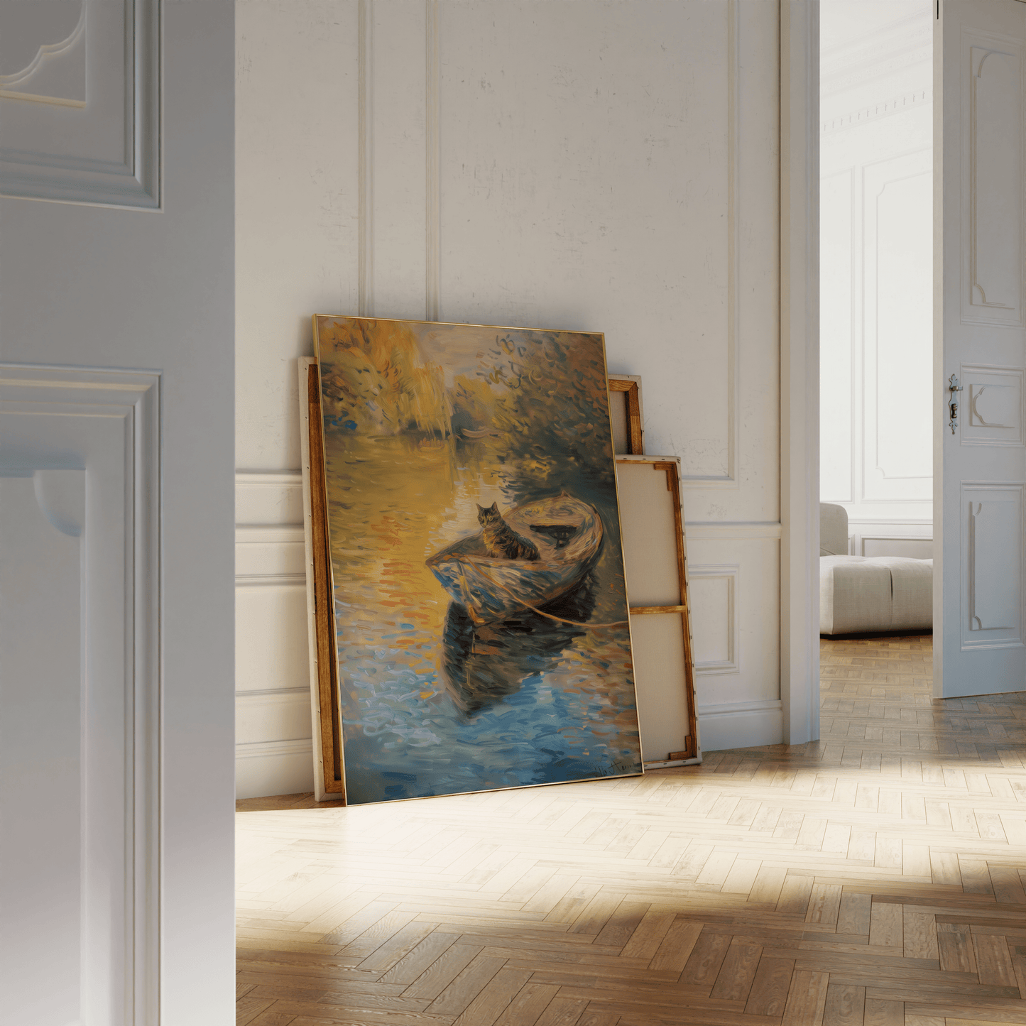 A cat sitting peacefully on a row boat in a serene river, in a Paw Prints framed poster leaning against a white bathroom wall.