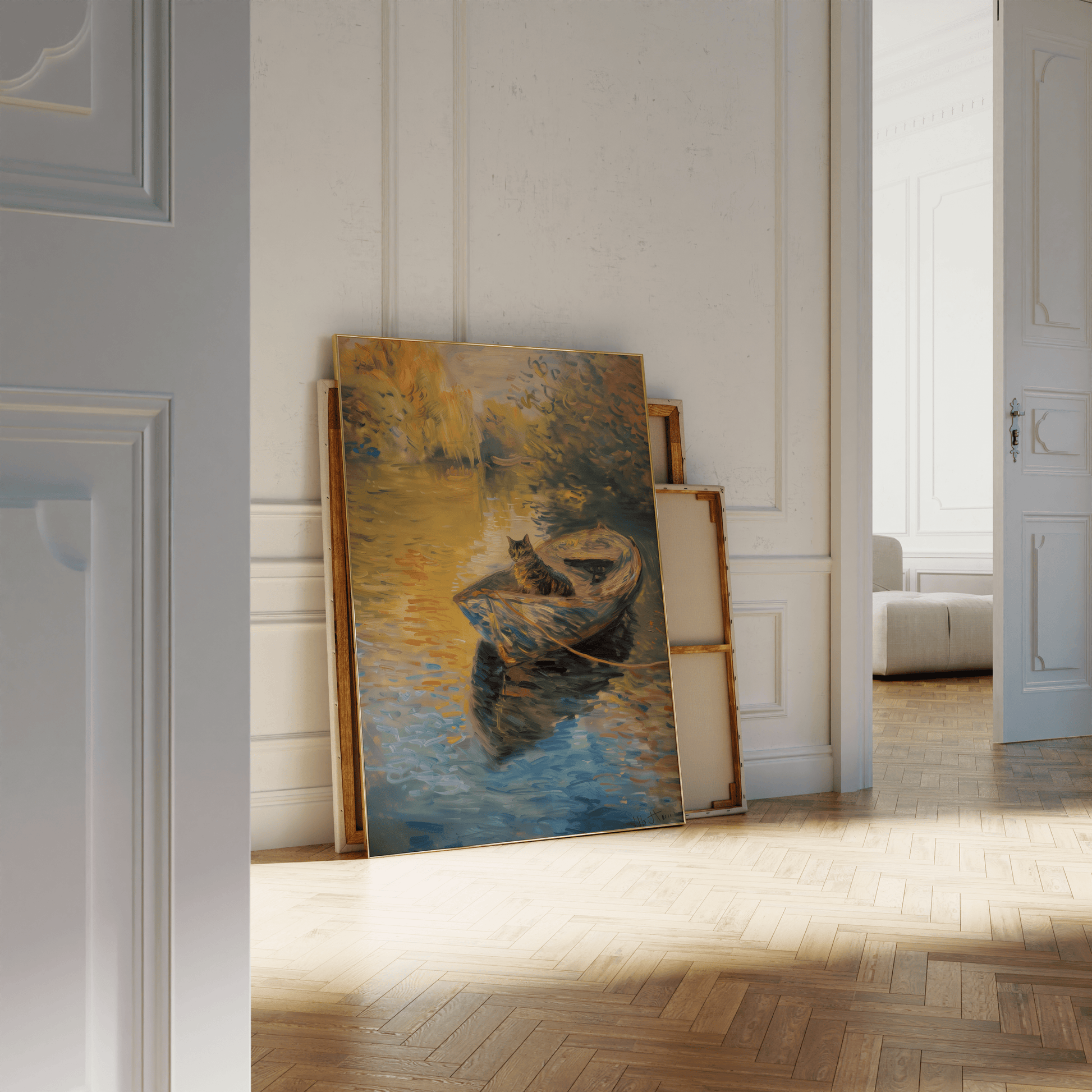 A cat sitting peacefully on a row boat in a serene river, in a Paw Prints framed poster leaning against a white bathroom wall.