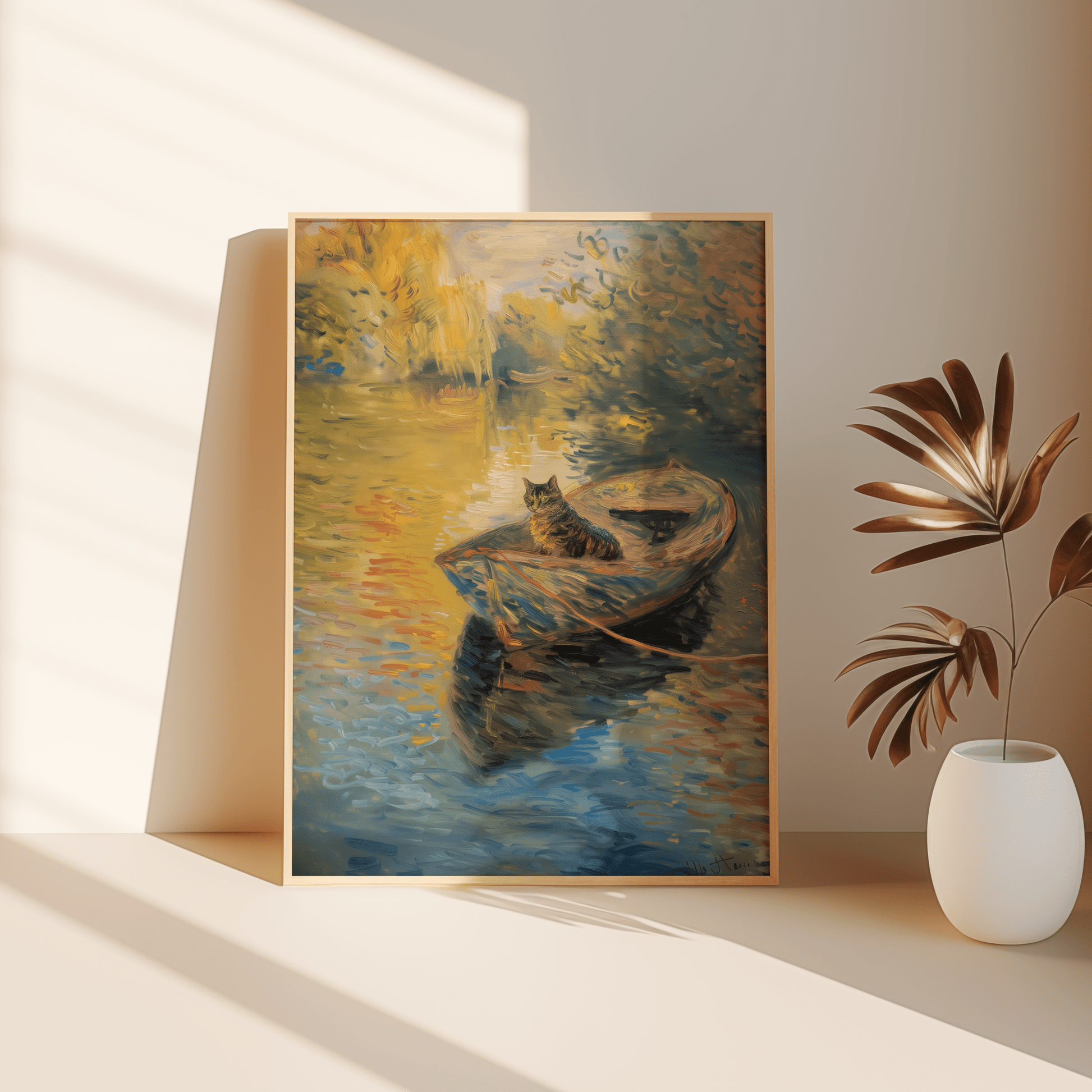 A cat sitting peacefully on a row boat in a serene river, in a Paw Prints framed poster leaning against the bedroom floor.