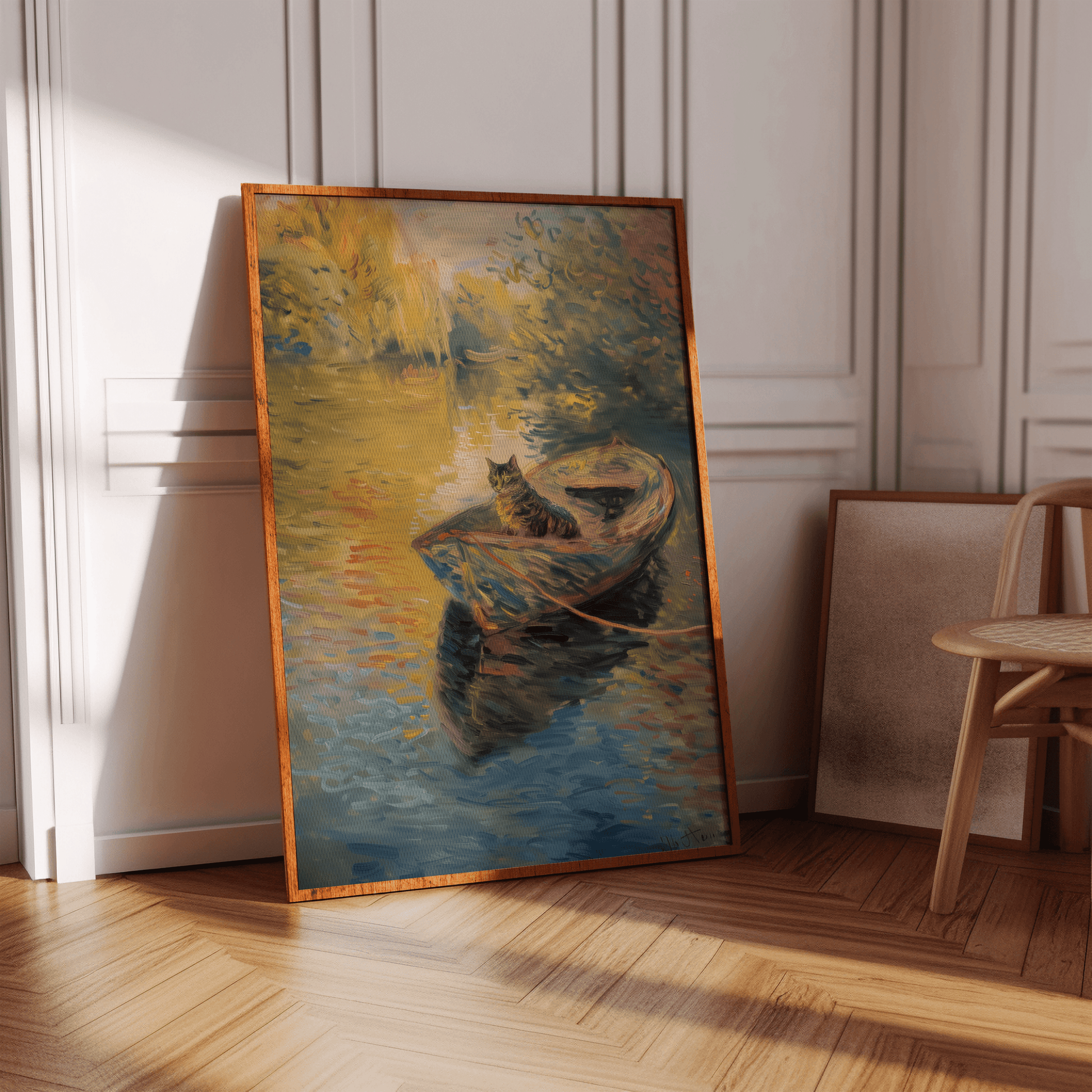 A framed painting of a cat sitting peacefully on a row boat in a serene river, in an empty hallway.