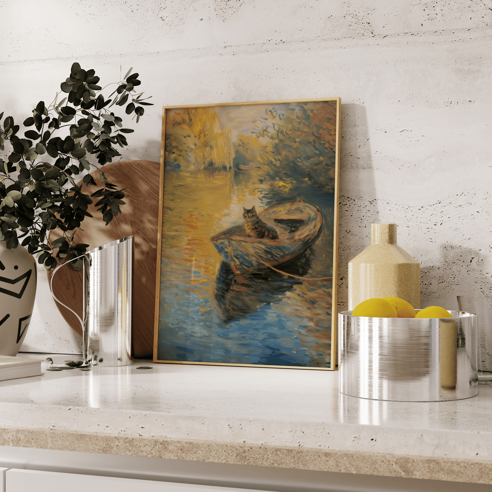 A cat sitting peacefully on a row boat in a serene river, in a Paw Prints framed poster leaning against the kitchen counter.