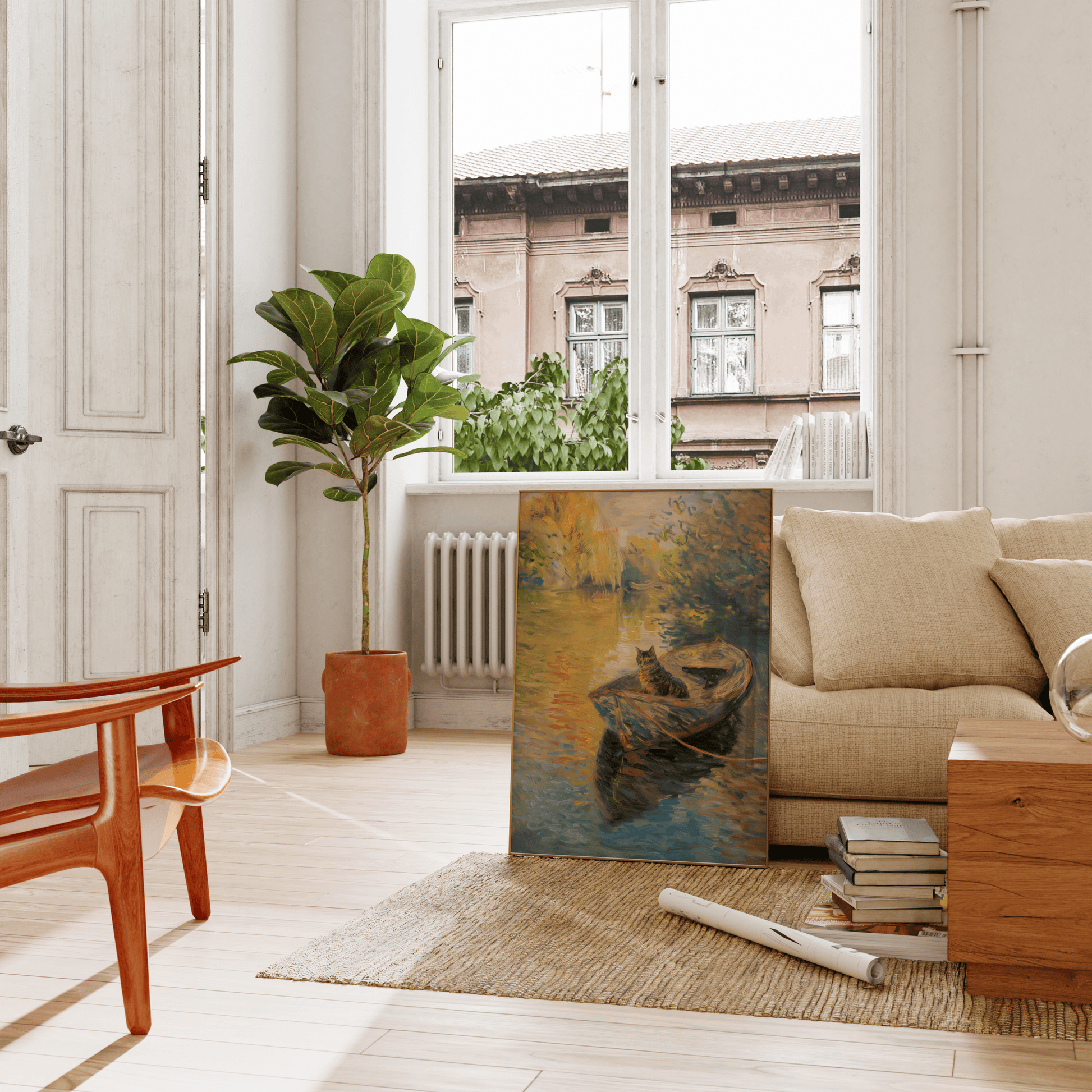 A cat sitting peacefully on a row boat in a serene river, in a Paw Prints framed poster leaning on a couch in the living room.