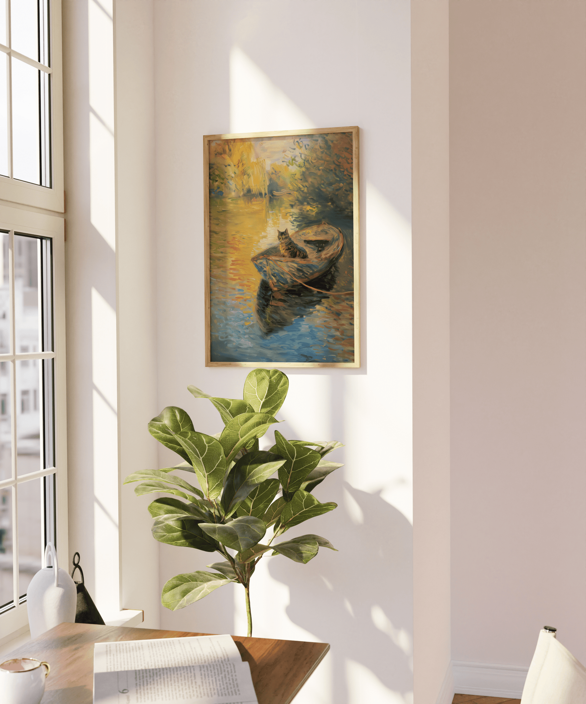 A cat sitting peacefully on a row boat in a serene river, in a Paw Prints framed poster on a blank wall in natural sunlight.