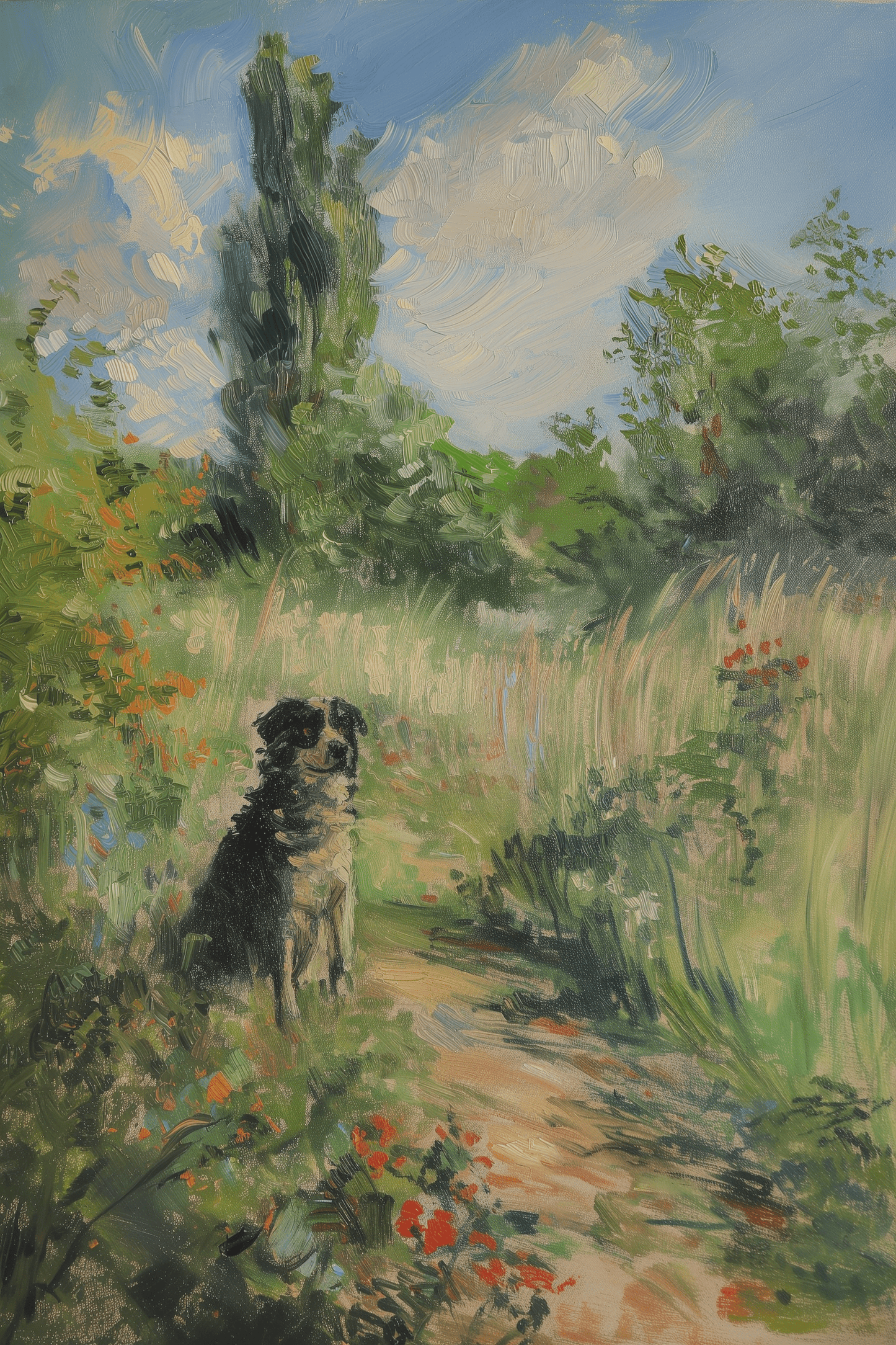 Impressionist painting of a dog sitting in a peaceful grassy forest - Paw Prints