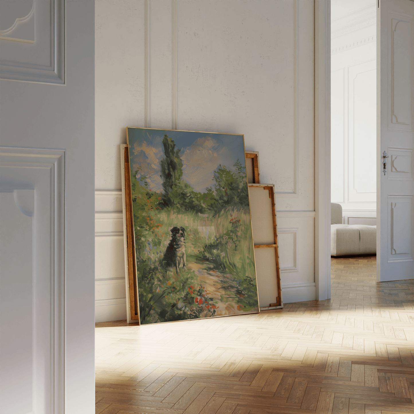 Impressionist painting of a dog sitting in a peaceful grassy forest, leaning against a white bathroom wall - Paw Prints