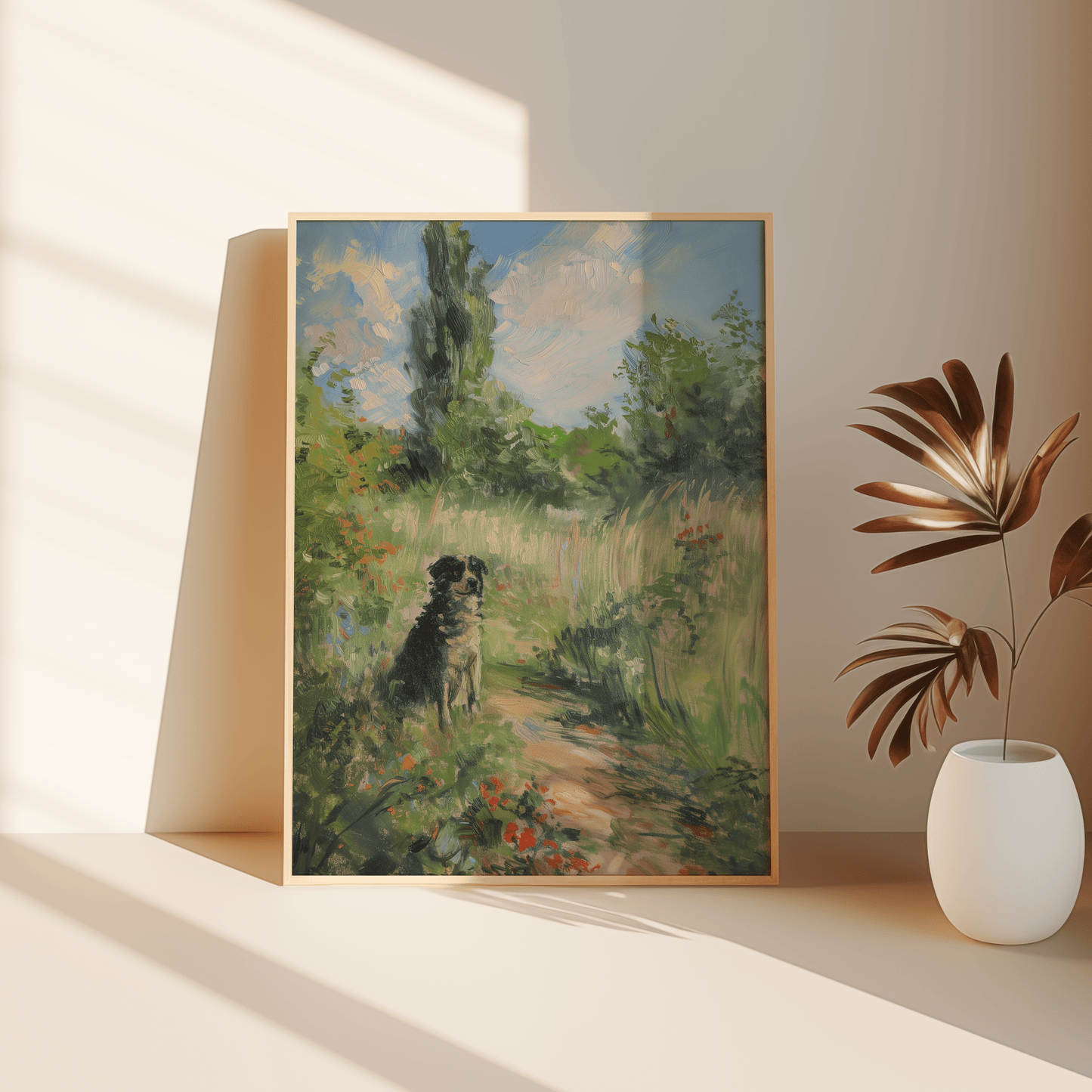 Impressionist painting of a dog sitting in a peaceful grassy forest, leaning against the bedroom floor - Paw Prints