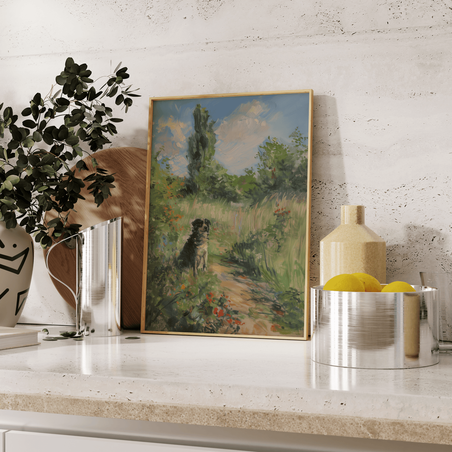 Impressionist painting of a dog sitting in a peaceful grassy forest, leaning against the kitchen counter - Paw Prints