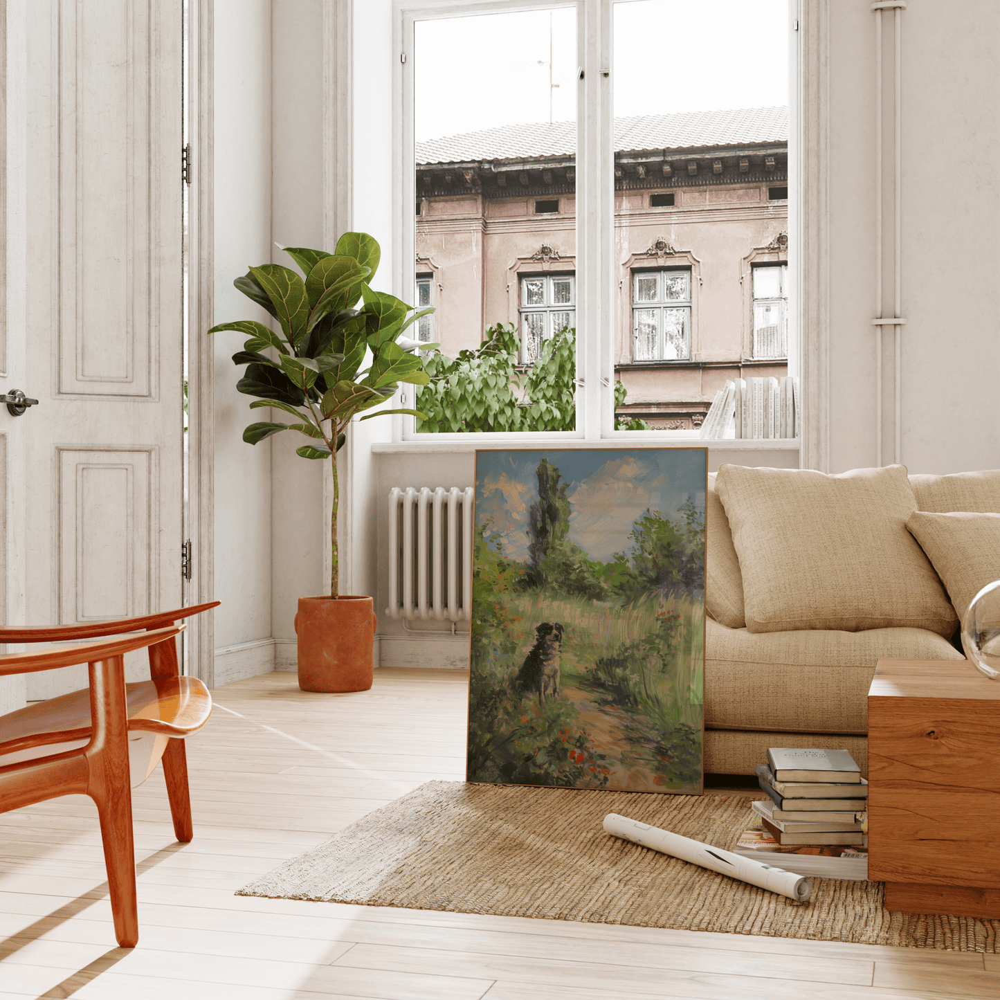 Impressionist painting of a dog sitting in a peaceful grassy forest, leaning against the living room couch - Paw Prints