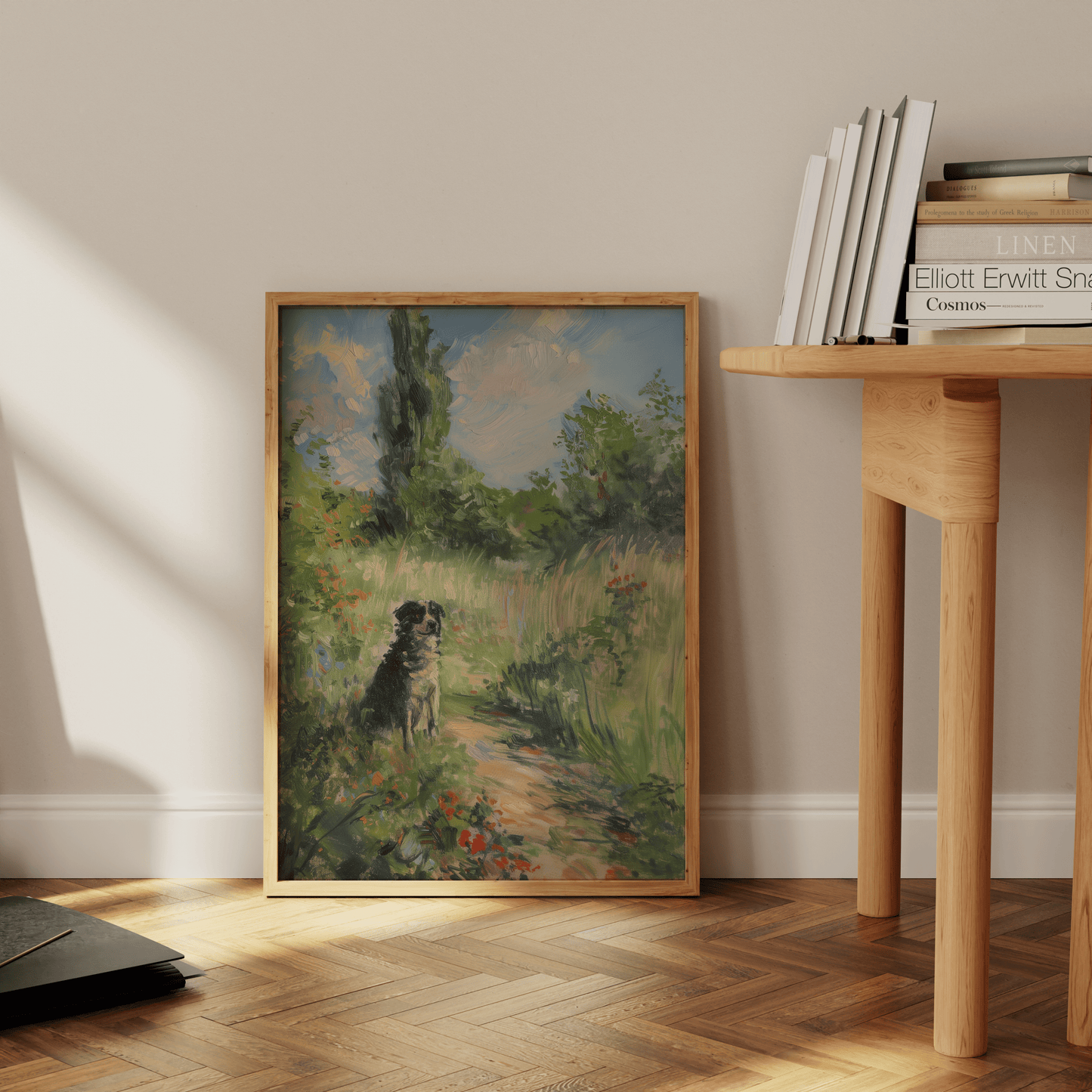 Impressionist painting of a dog sitting in a peaceful grassy forest, leaning against the bedroom floor - Paw Prints
