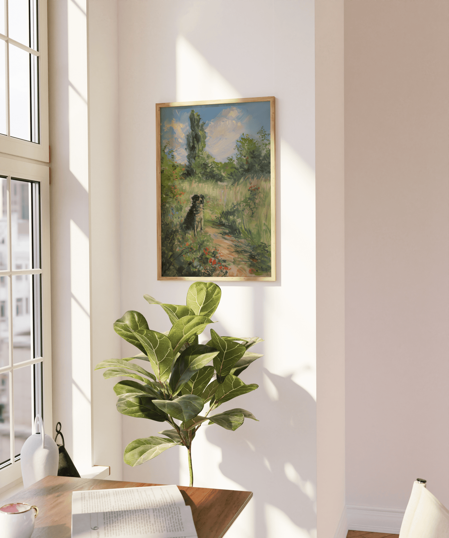 Impressionist painting of a dog sitting in a peaceful grassy forest, on a blank wall - Paw Prints