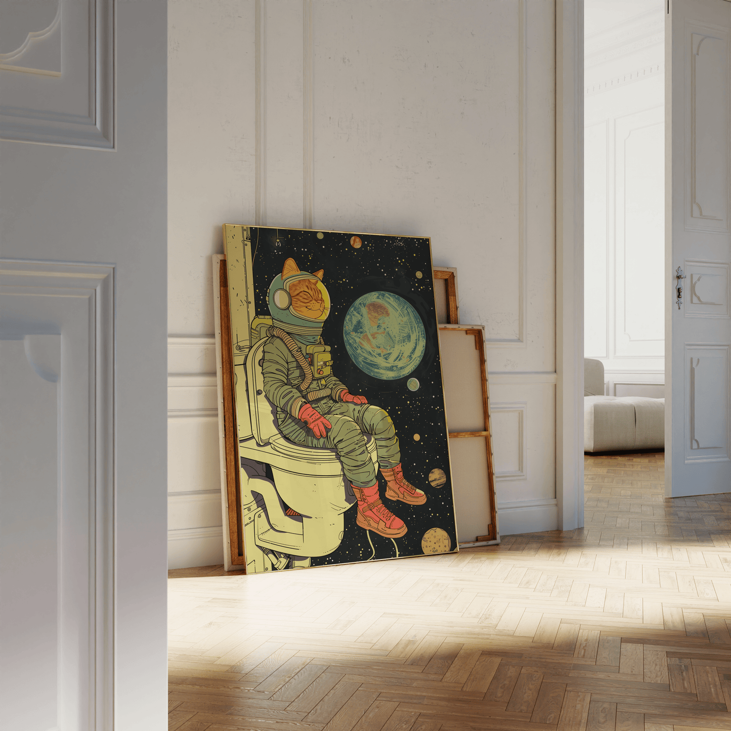 Poster of a cat astronaut sitting on the toilet overlooking earth in space, leaning against a white bathroom wall - Paw Prints