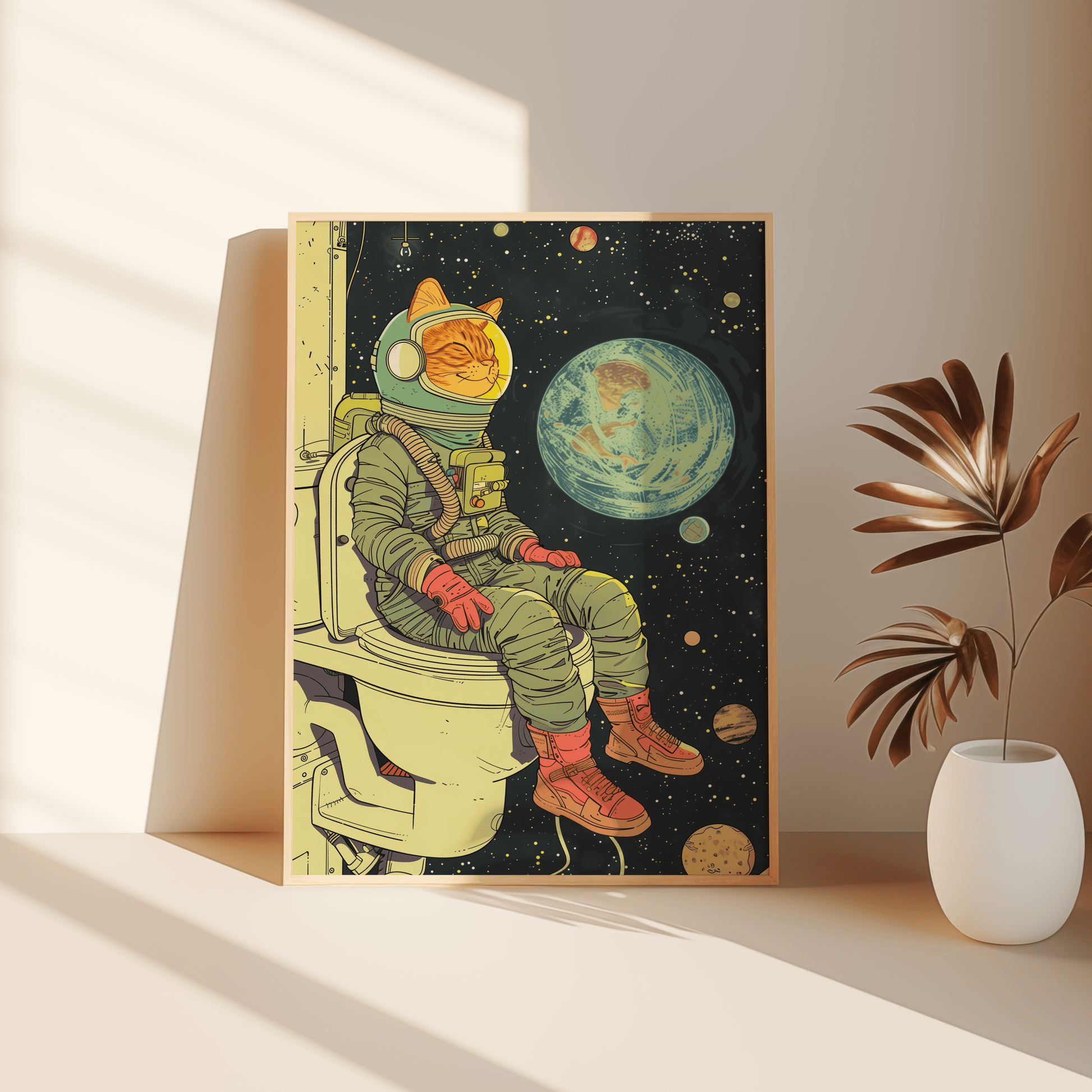 Poster of a cat astronaut sitting on the toilet overlooking earth in space, leaning against the bedroom floor - Paw Prints