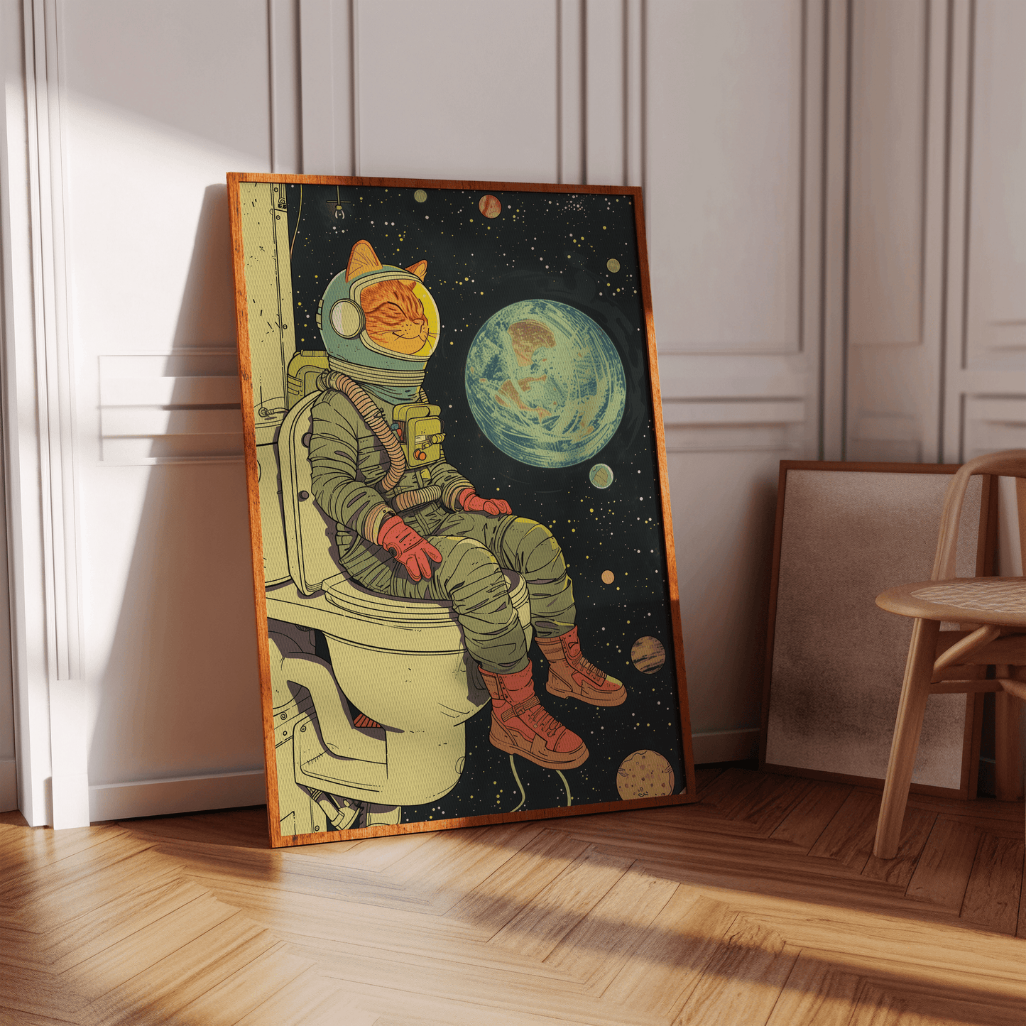 Painting of an orange cat in an astronaut suit, sitting on the toilet overlooking earth in space, in a hallway - Paw Prints