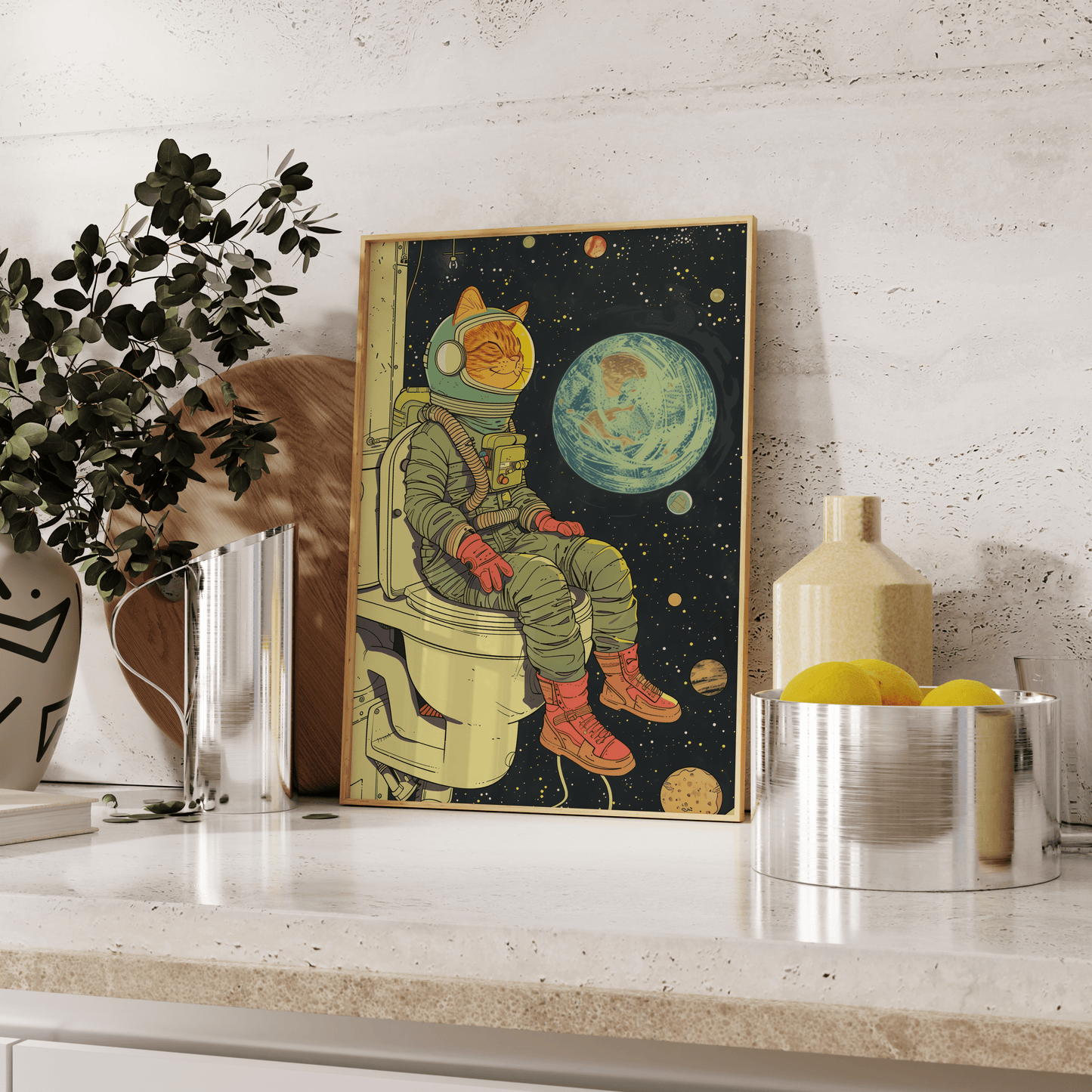 Poster of a cat astronaut sitting on the toilet overlooking earth in space, leaning against the kitchen counter - Paw Prints