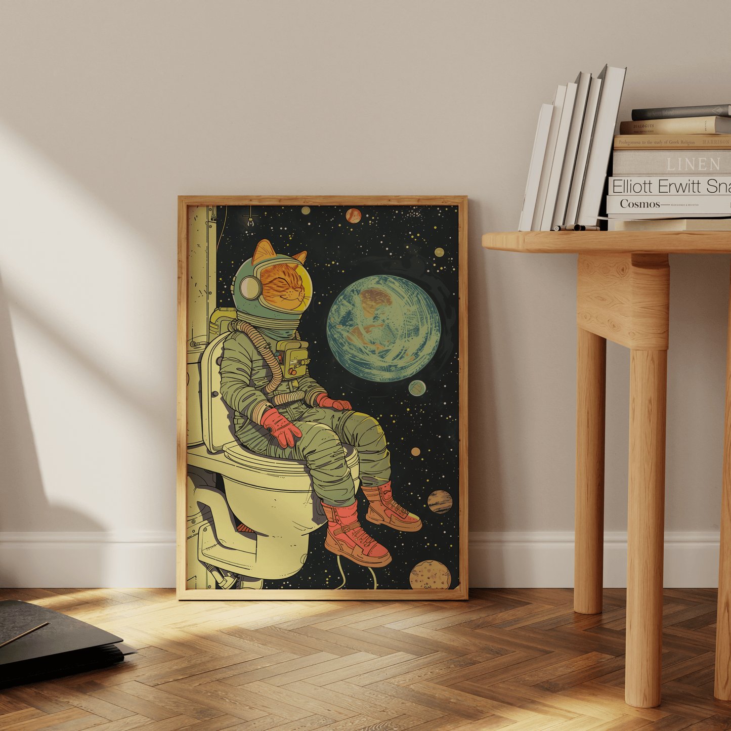 Poster of a cat astronaut sitting on the toilet overlooking earth in space, leaning against the office wall - Paw Prints