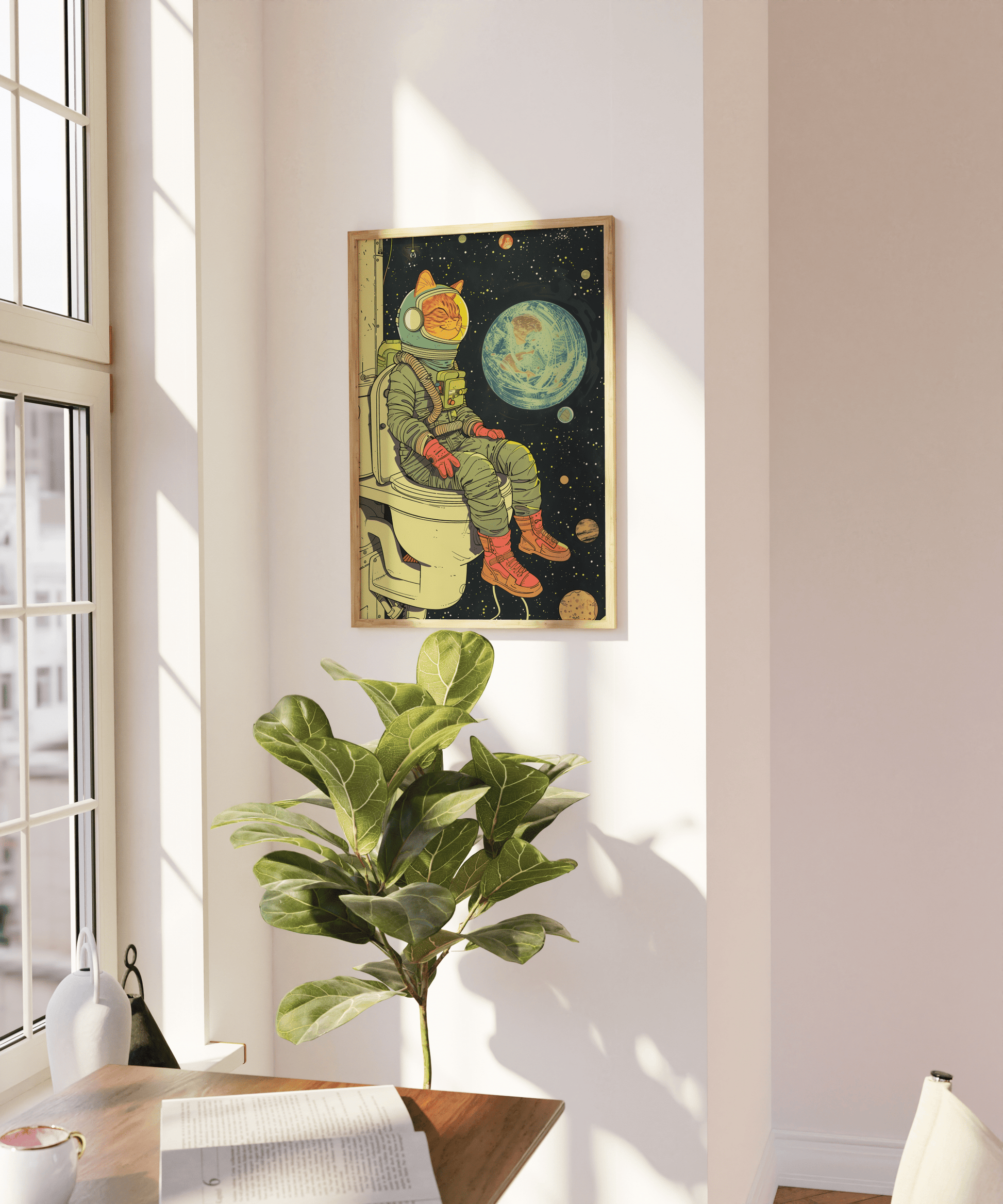 Poster of a cat astronaut sitting on the toilet overlooking earth in space, on a blank wall - Paw Prints