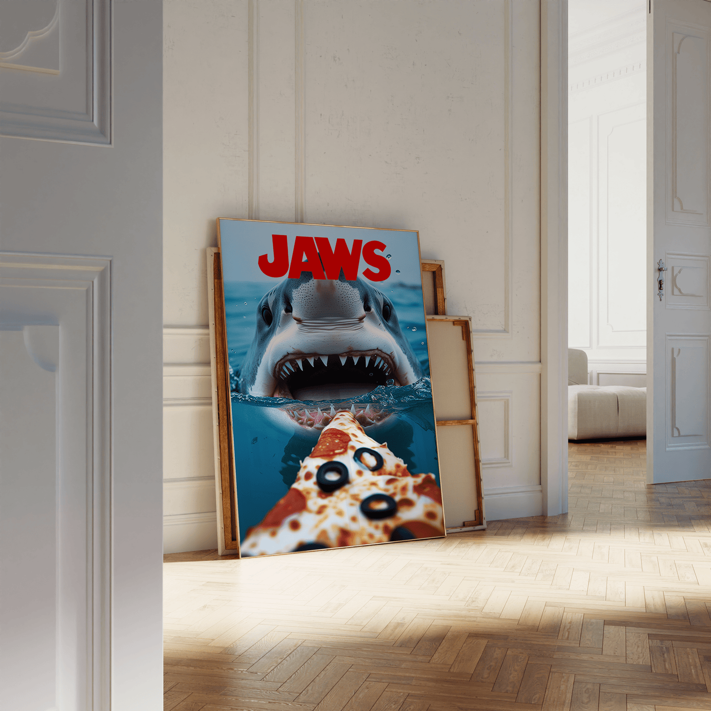A JAWS movie poster with a great white shark about to eat a pizza, leaning against a white bathroom wall - Paw Prints