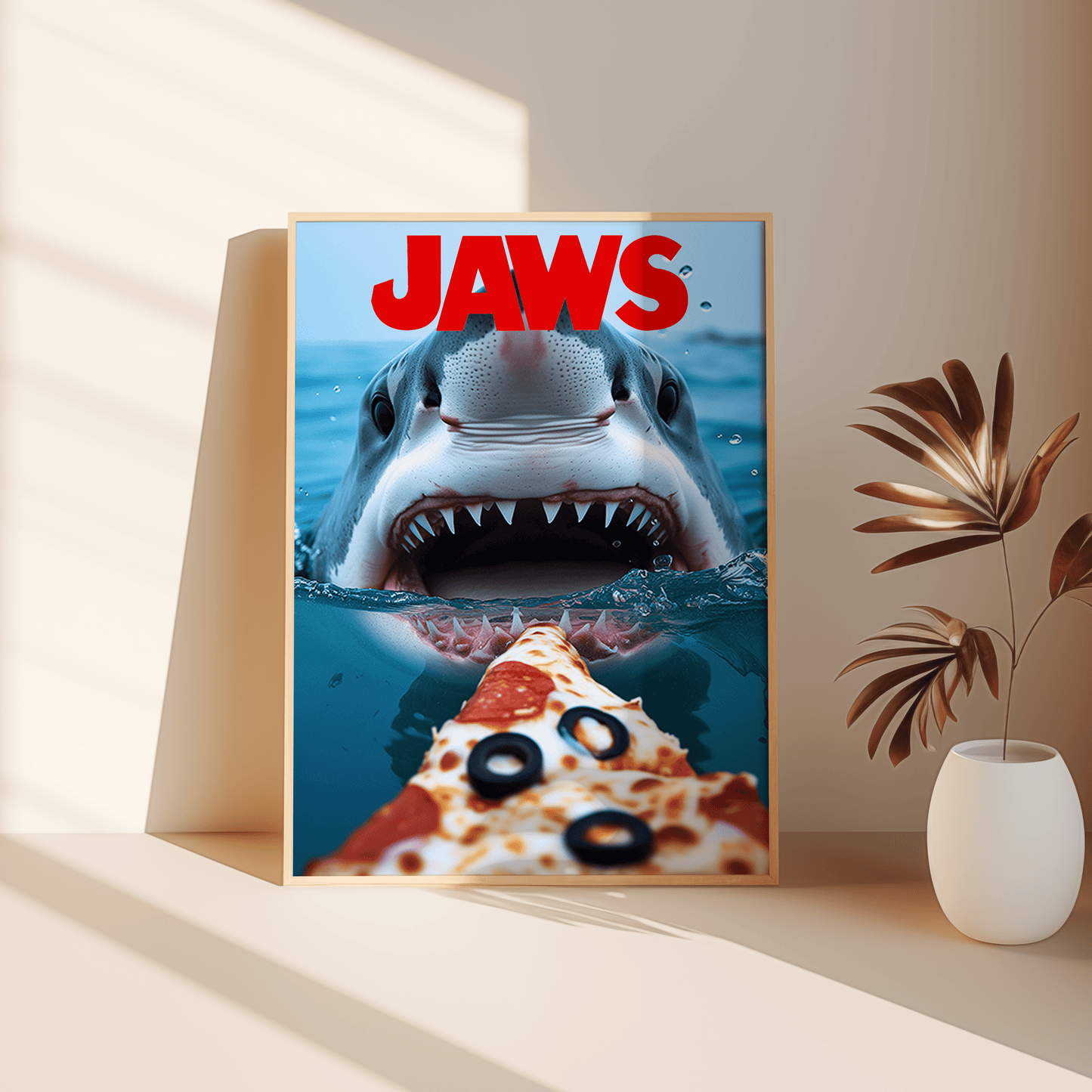 A JAWS movie poster with a great white shark about to eat a pizza, leaning against the bedroom floor - Paw Prints