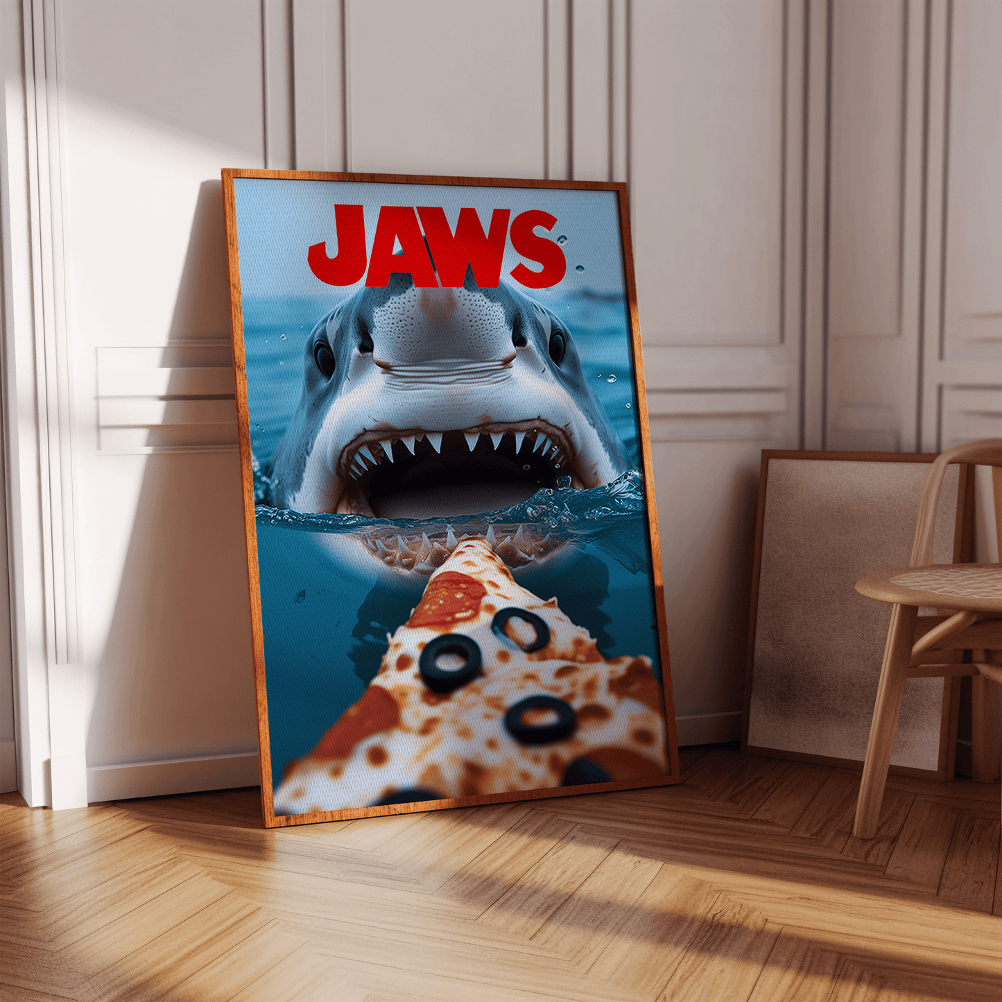 A JAWS movie poster with a great white shark about to eat a pizza, in a hallway in view of natural sunlight - Paw Prints