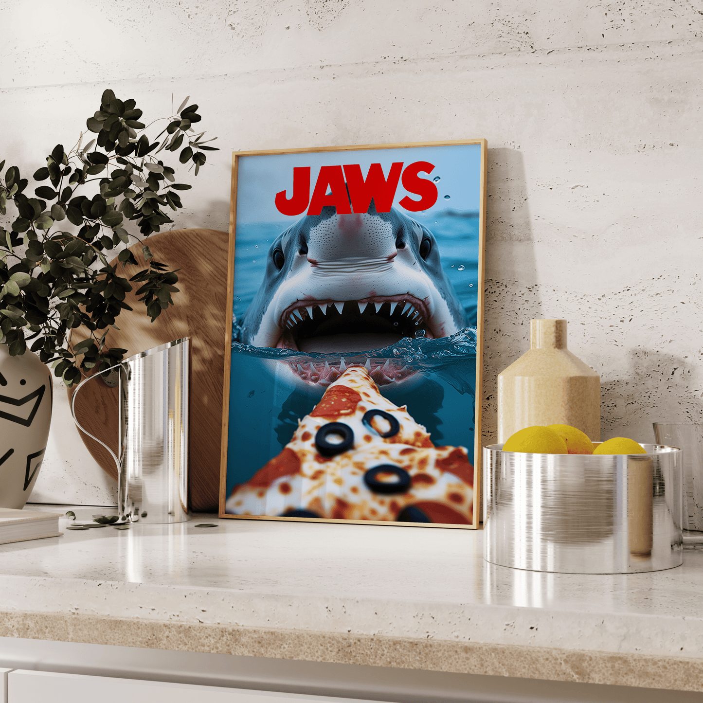 A JAWS movie poster with a great white shark about to eat a pizza, leaning against the kitchen counter - Paw Prints