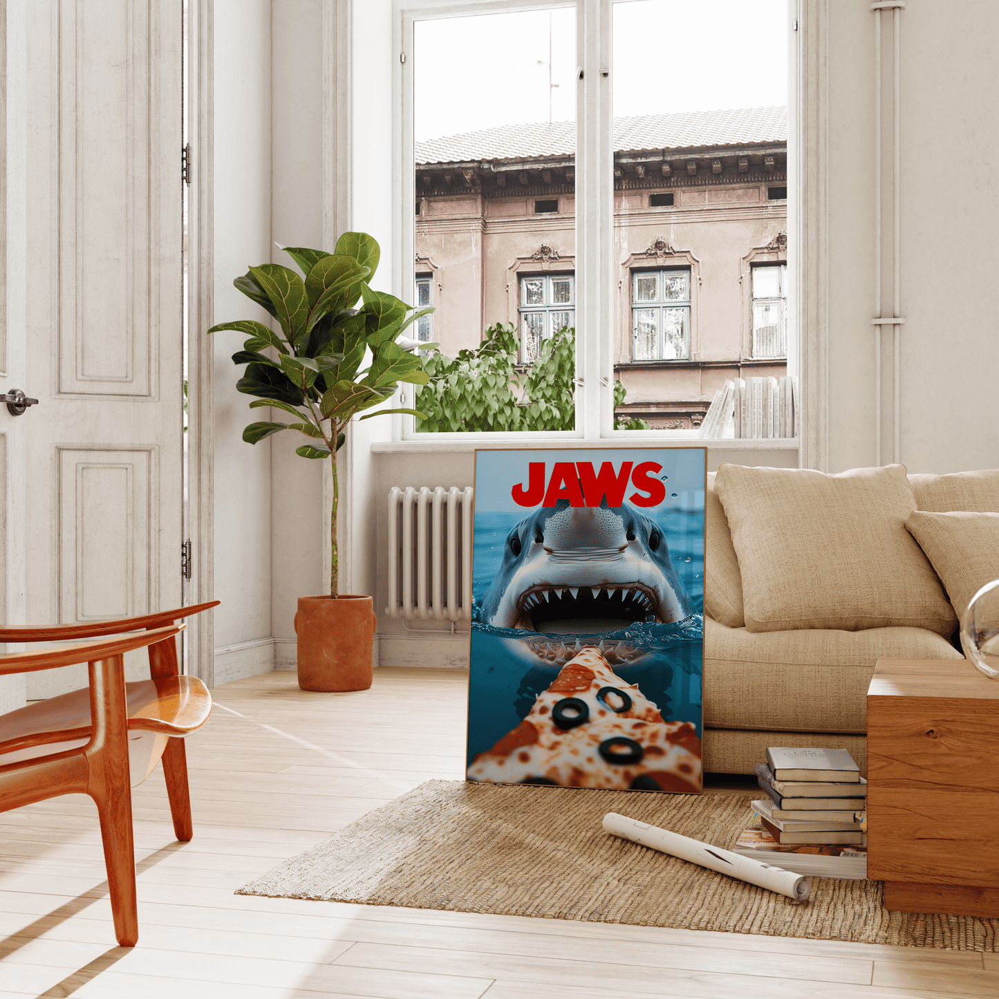 A JAWS movie poster with a great white shark about to eat a pizza, leaning on a couch in the living room - Paw Prints