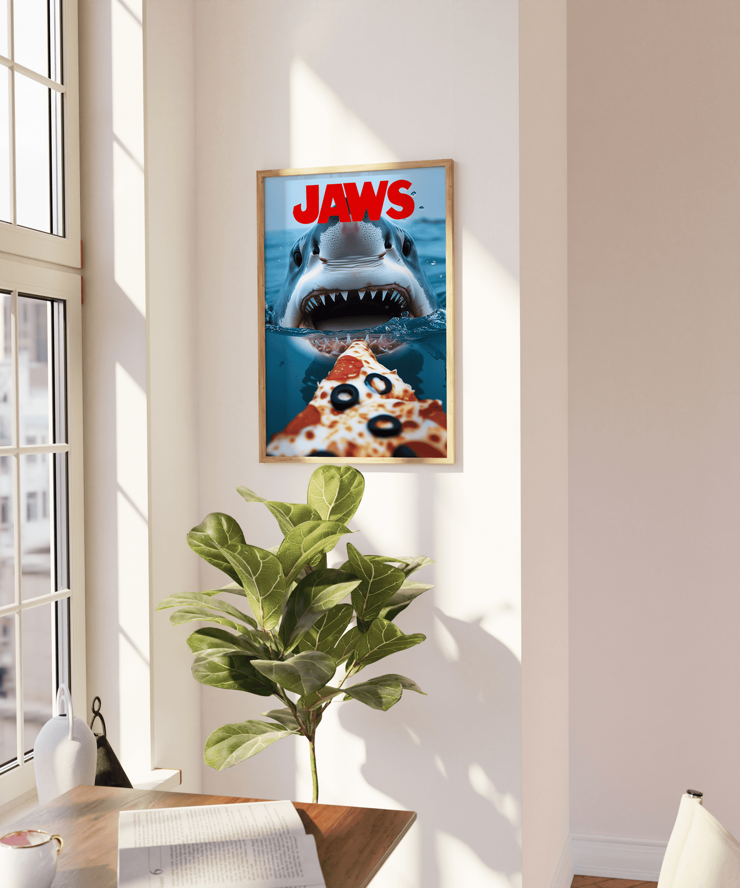 A JAWS movie poster with a great white shark about to eat a pizza, on a blank wall - Paw Prints
