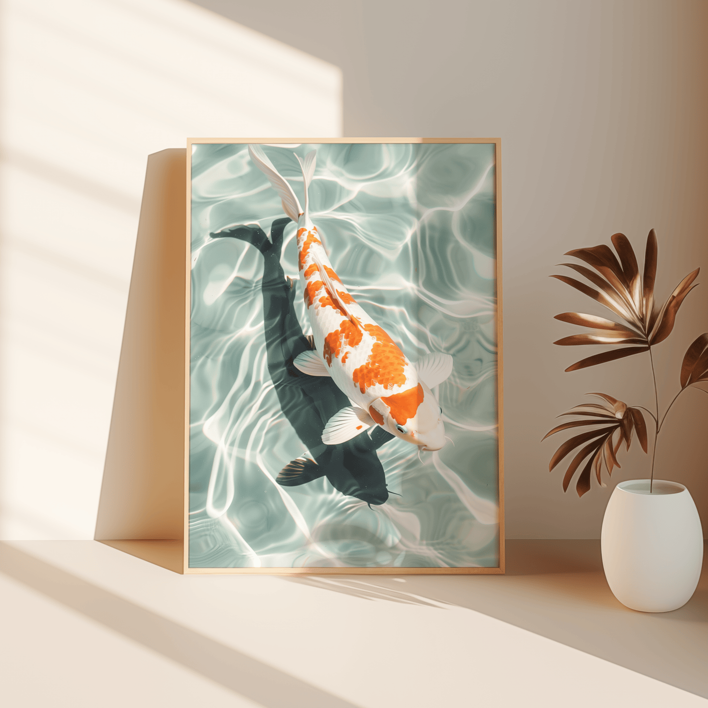 Paw Prints Poster of a Japanese Koi fish swimming in crystal clear water, leaning against the bedroom floor.
