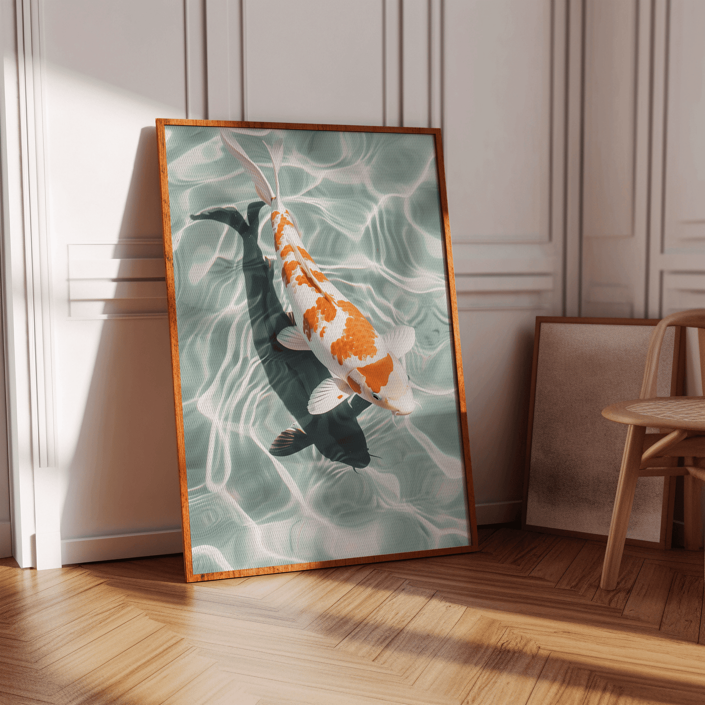 Paw Prints Poster of a Japanese Koi fish swimming in crystal clear water, in a white Victorian hallway in view of sunlight.