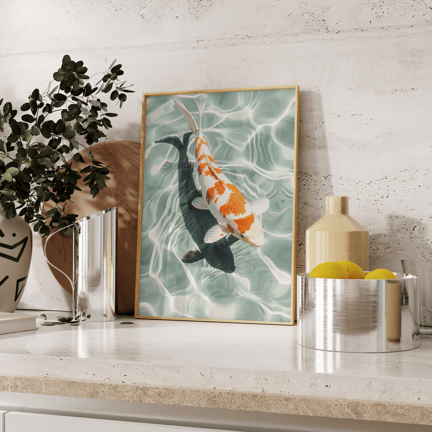 Paw Prints Poster of a Japanese Koi fish swimming in crystal clear water, leaning against the kitchen counter.