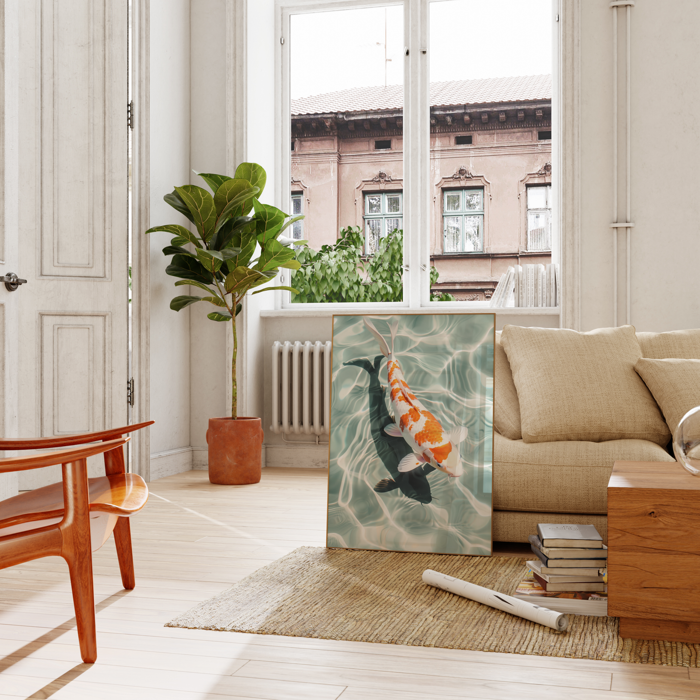 Paw Prints Poster of a Japanese Koi fish swimming in crystal clear water, leaning on a couch in the living room.