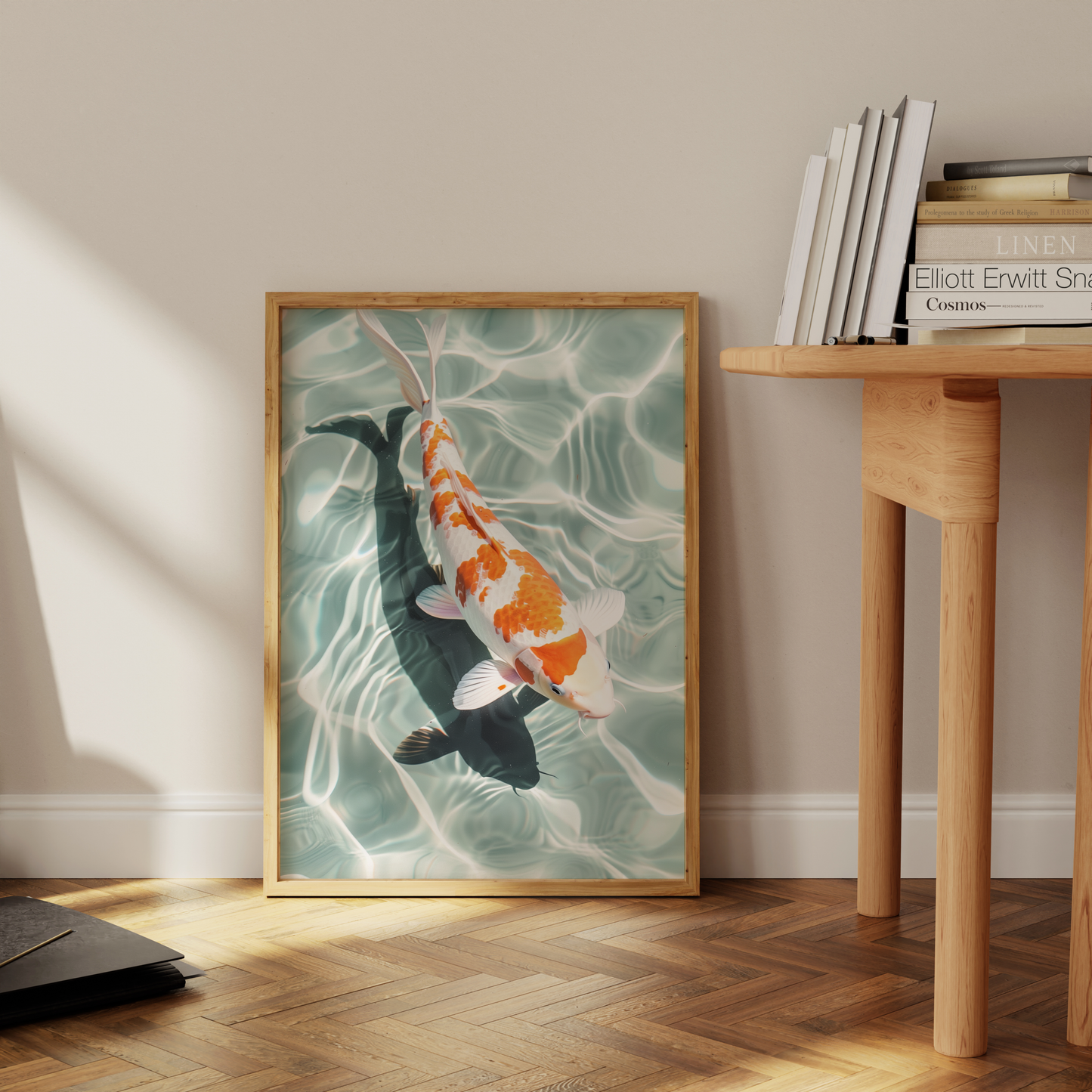 Paw Prints Poster of a Japanese Koi fish swimming in crystal clear water, leaning against the office wall.