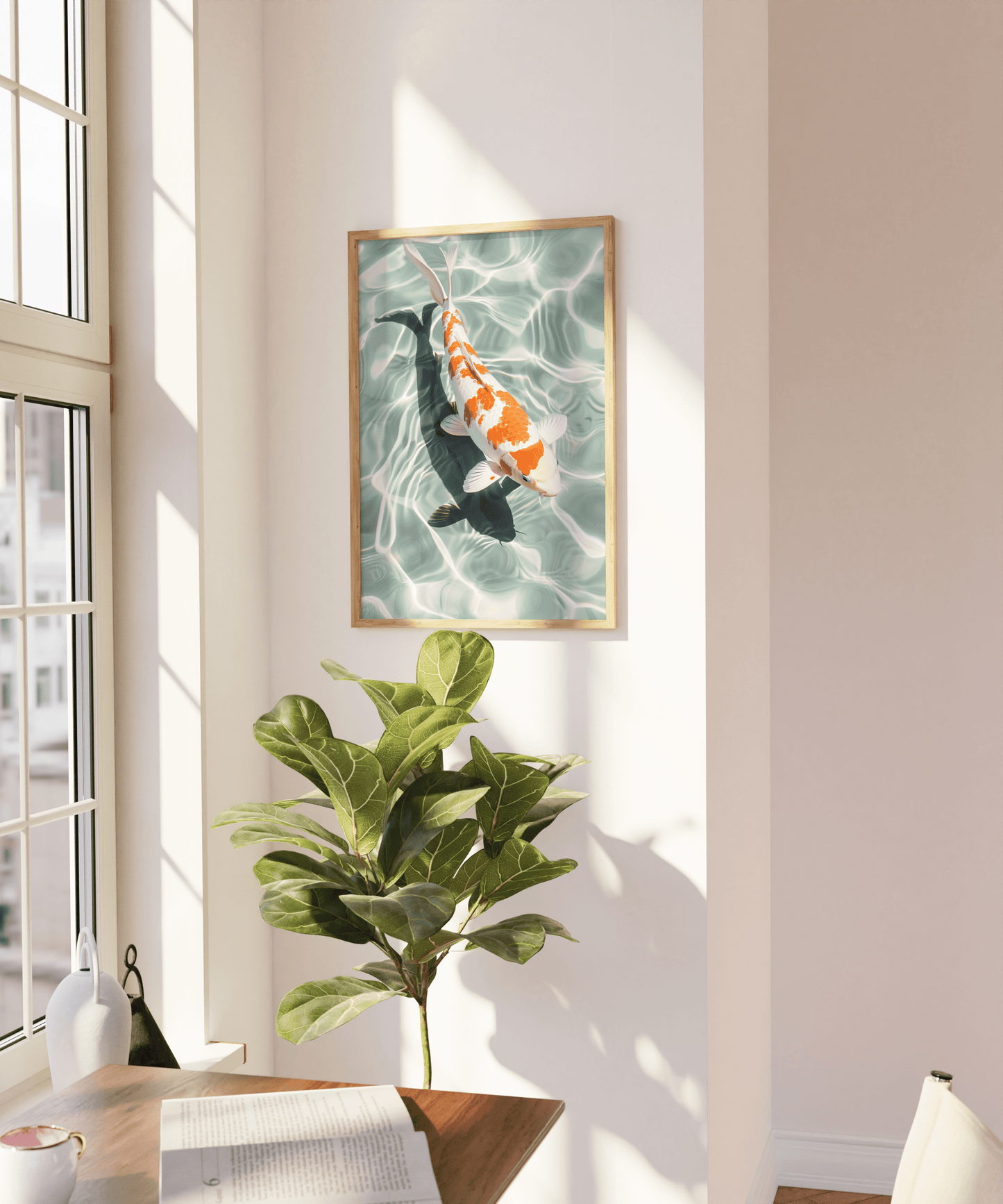Paw Prints Poster of a Japanese Koi fish swimming in crystal clear water, on a blank wall.